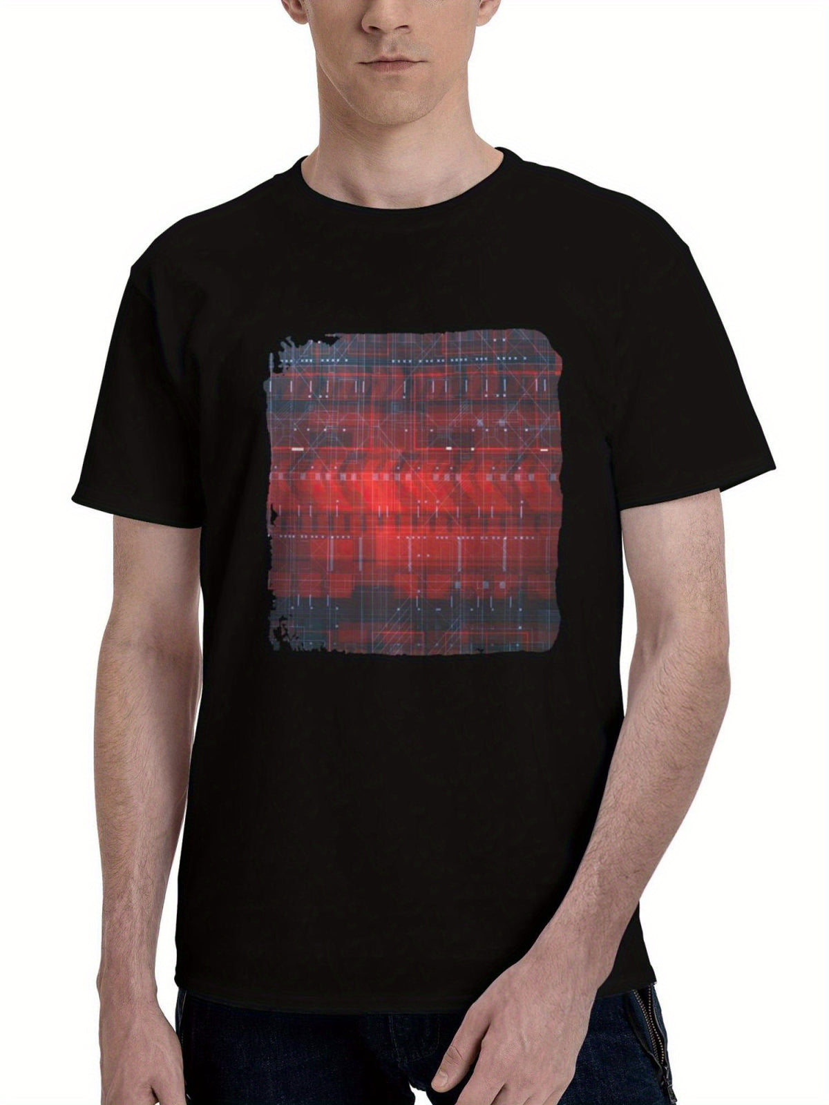 Abstract-Geometry 180G 100% Cotton Printed Round Neck Short-Sleeve T-Shirt, Christmas Gifts for Men Dad Husband Grandpa, S-XXXL, Black