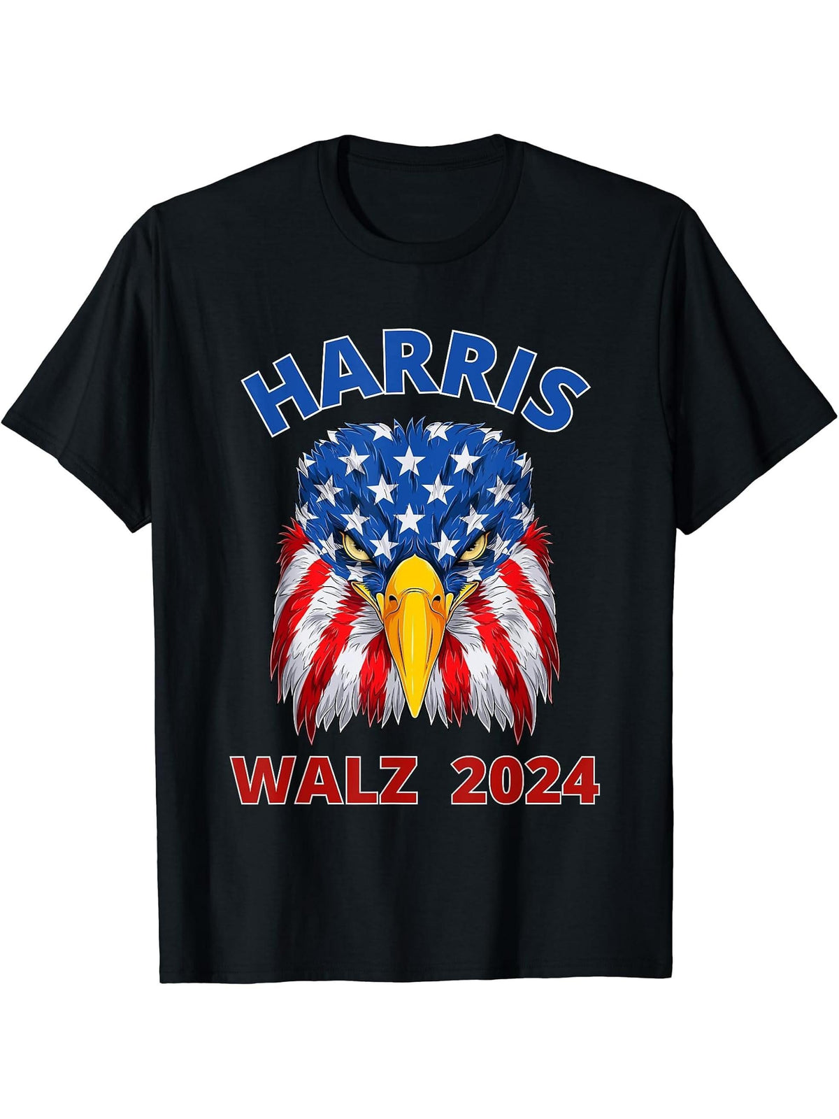 Harris Walz 2024 Patriotic American Bald Eagle Election T-Shirt 180G 100% Cotton Printed Round Neck Short-Sleeve T-Shirt, Gifts for Men Dad Husband Grandpa, S-XXXL, Black