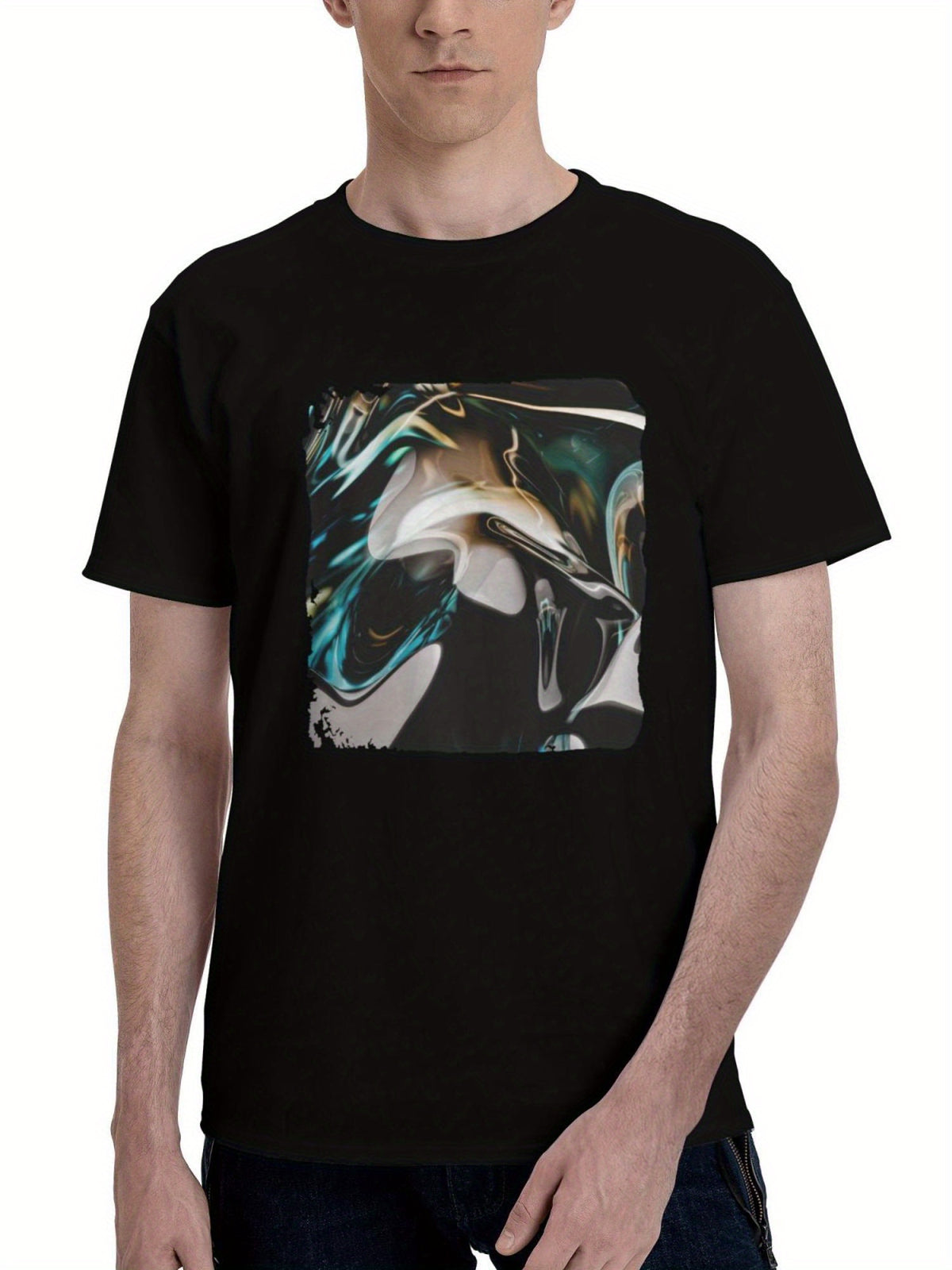Abstract-Green Glass 180G 100% Cotton Printed Round Neck Short-Sleeve T-Shirt, Christmas Gifts for Men Dad Husband Grandpa, S-XXXL, Black