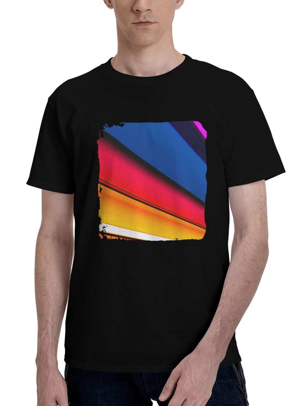 Abstract-Lines Digital 180G 100% Cotton Printed Round Neck Short-Sleeve T-Shirt, Christmas Gifts for Men Dad Husband Grandpa, S-XXXL, Black