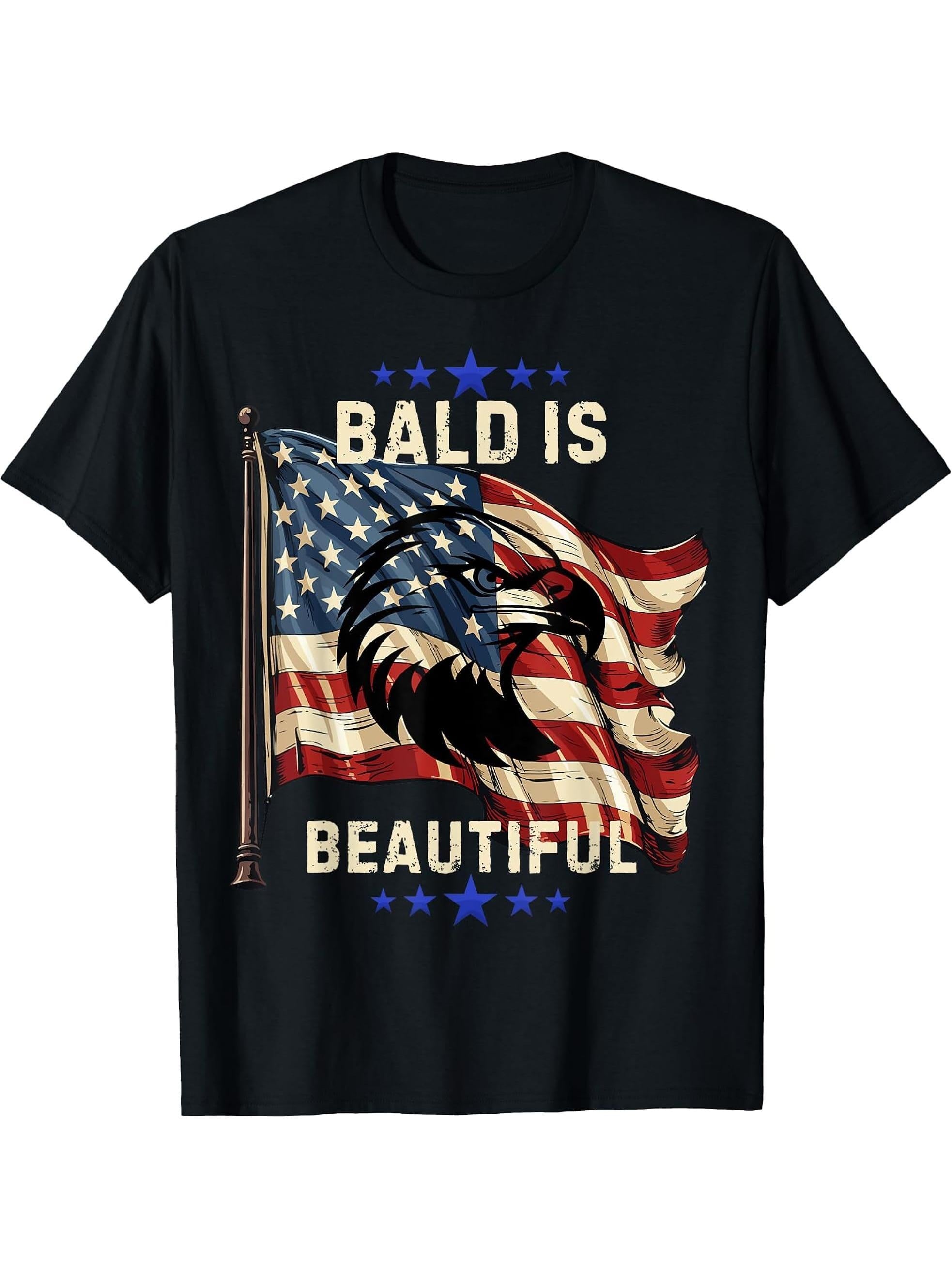Bald is Beautiful Patriotic American Flag Eagle Men Women T-Shirt 180G 100% Cotton Printed Round Neck Short-Sleeve T-Shirt, Gifts for Men Dad Husband Grandpa, S-XXXL, Black