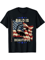 Bald is Beautiful Patriotic American Flag Eagle Men Women T-Shirt 180G 100% Cotton Printed Round Neck Short-Sleeve T-Shirt, Gifts for Men Dad Husband Grandpa, S-XXXL, Black