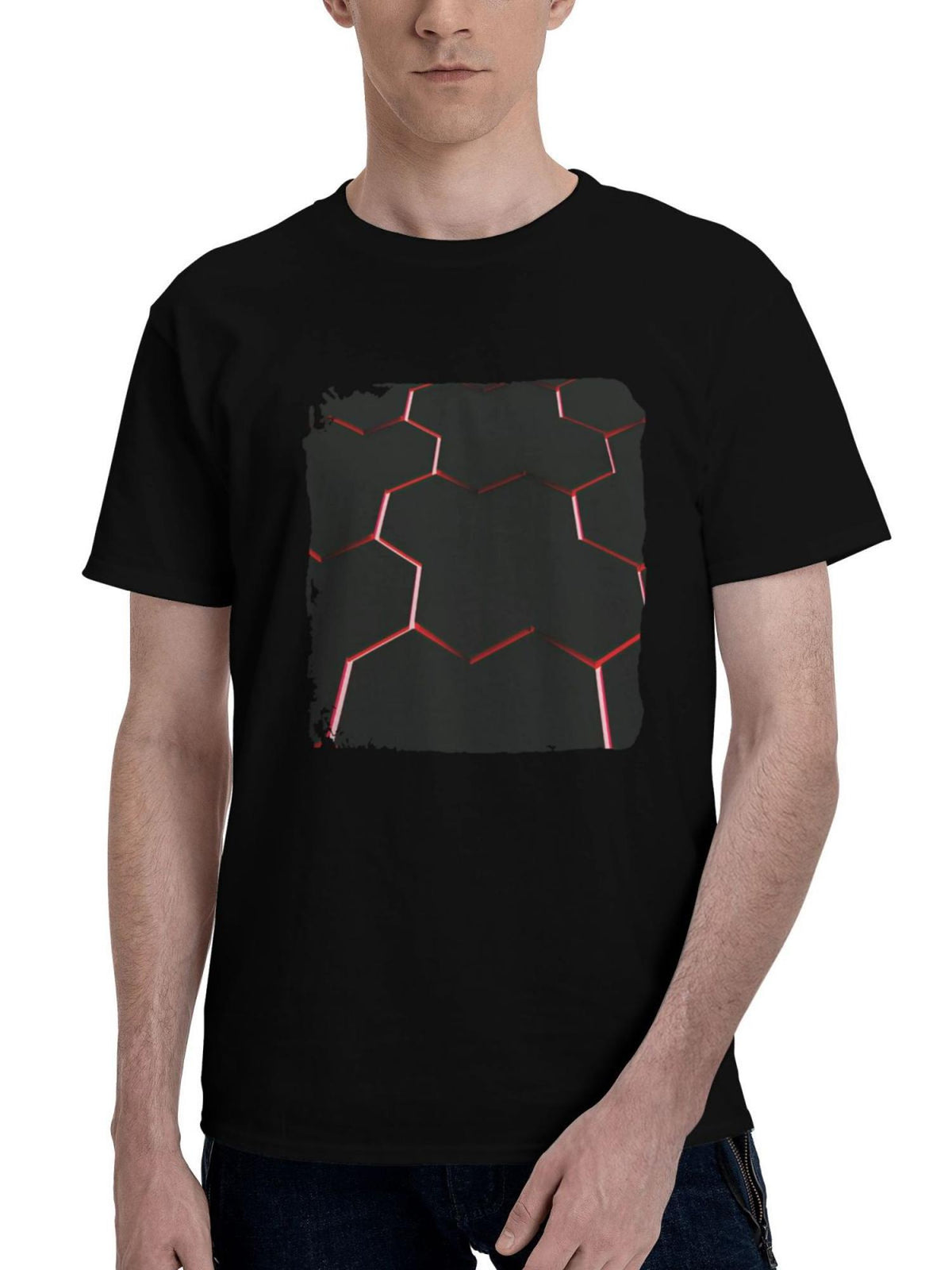 Abstract-Red 3d 180G 100% Cotton Printed Round Neck Short-Sleeve T-Shirt, Christmas Gifts for Men Dad Husband Grandpa, S-XXXL, Black