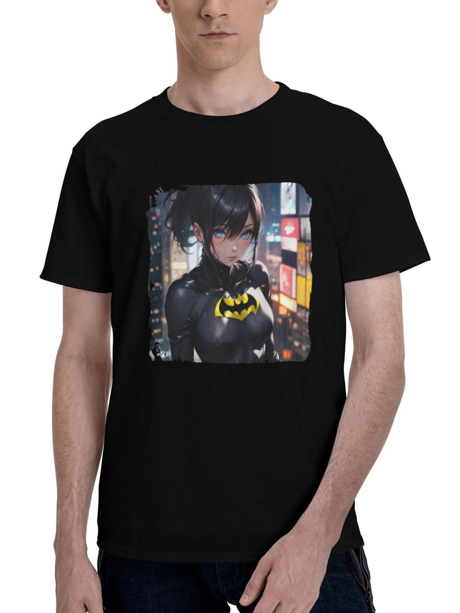 Batwoman-As Anime Girl 180G 100% Cotton Printed Round Neck Short-Sleeve T-Shirt, Christmas Gifts for Men Dad Husband Grandpa, S-XXXL, Black