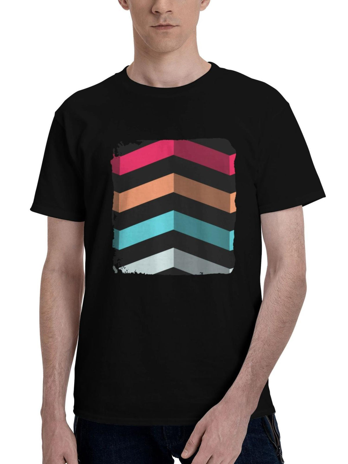Abstract-Up Down Path 180G 100% Cotton Printed Round Neck Short-Sleeve T-Shirt, Christmas Gifts for Men Dad Husband Grandpa, S-XXXL, Black