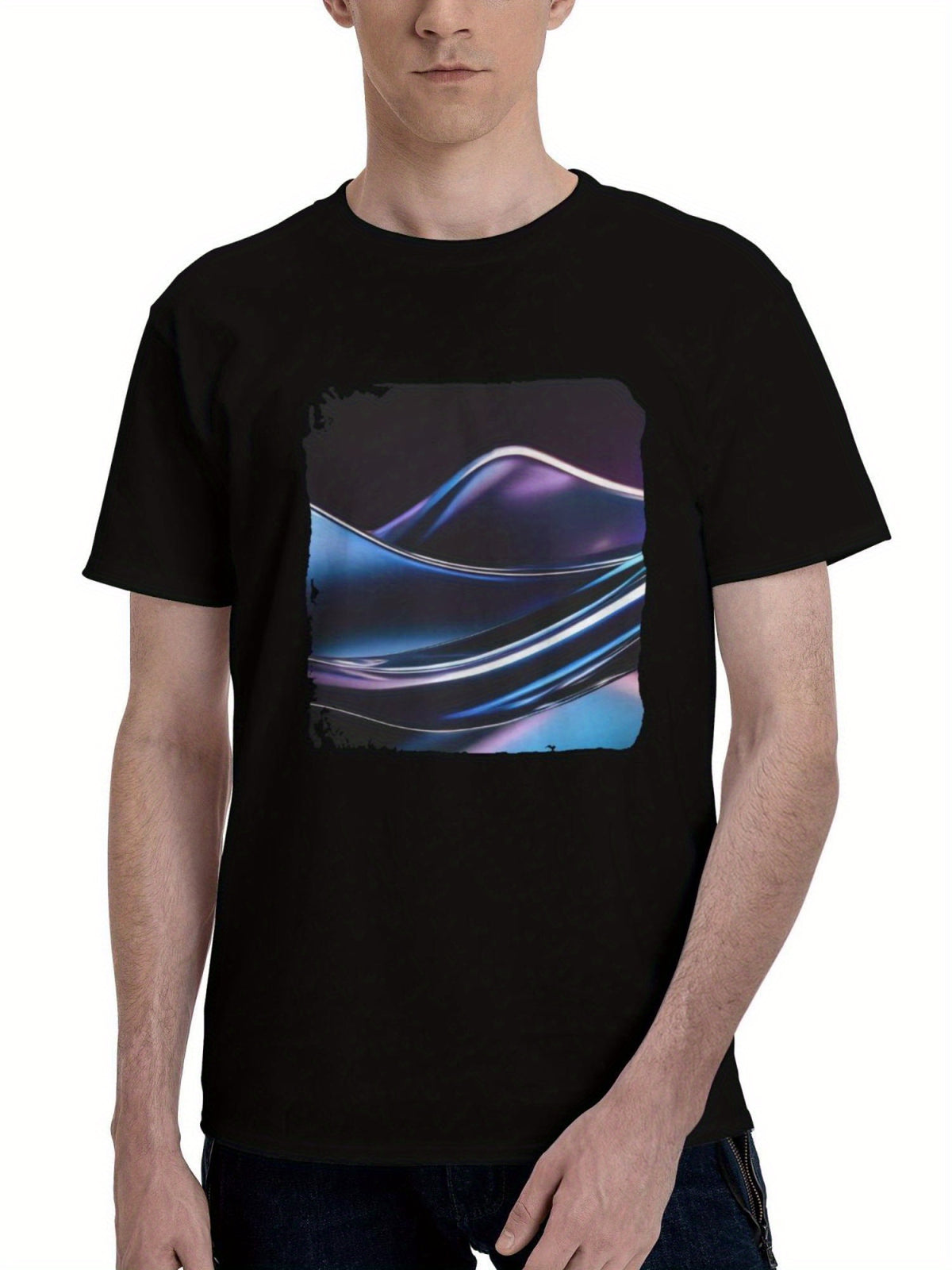 Abstract-Waves Design 180G 100% Cotton Printed Round Neck Short-Sleeve T-Shirt, Christmas Gifts for Men Dad Husband Grandpa, S-XXXL, Black