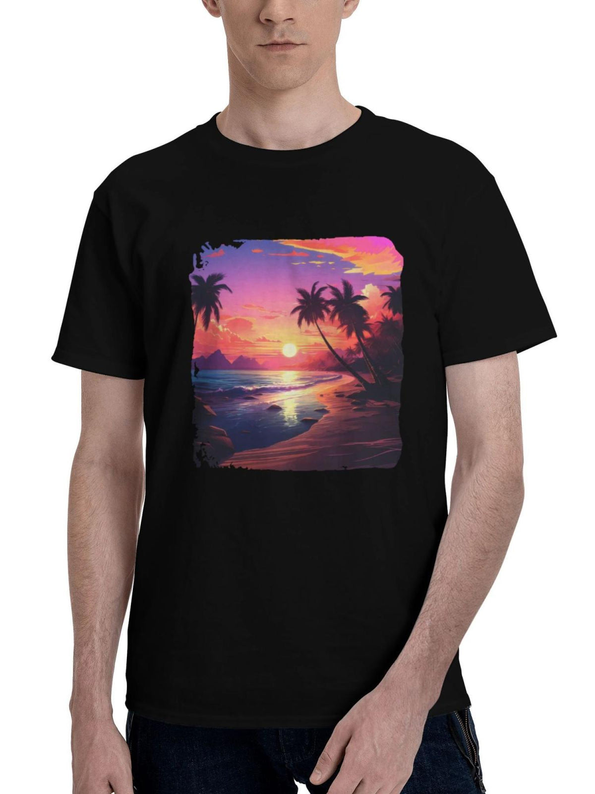 Beach-Day Minimal 180G 100% Cotton Printed Round Neck Short-Sleeve T-Shirt, Christmas Gifts for Men Dad Husband Grandpa, S-XXXL, Black