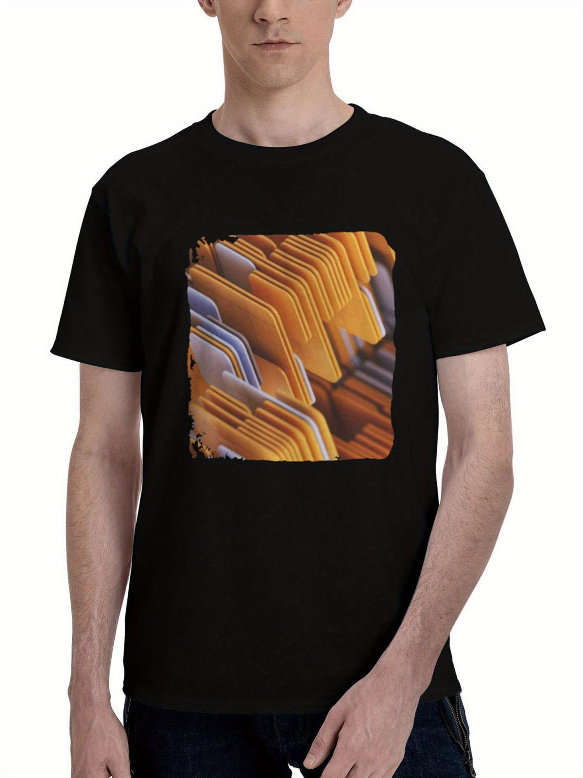 Abstract-Yellow Shapes 180G 100% Cotton Printed Round Neck Short-Sleeve T-Shirt, Christmas Gifts for Men Dad Husband Grandpa, S-XXXL, Black