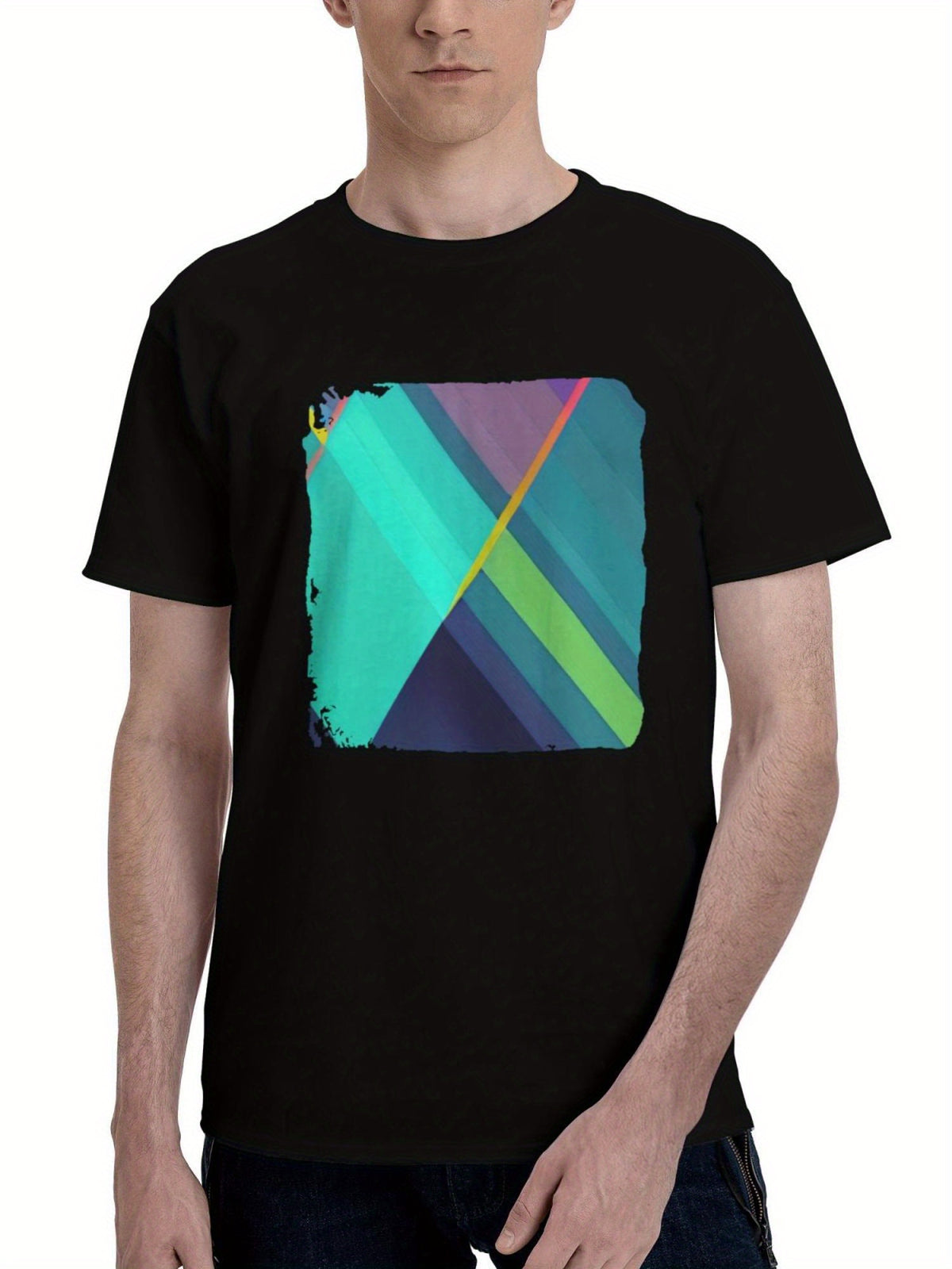 Abstract-Windows And Lines 180G 100% Cotton Printed Round Neck Short-Sleeve T-Shirt, Christmas Gifts for Men Dad Husband Grandpa, S-XXXL, Black