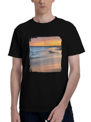 Beach-Horizon Calm 180G 100% Cotton Printed Round Neck Short-Sleeve T-Shirt, Christmas Gifts for Men Dad Husband Grandpa, S-XXXL, Black