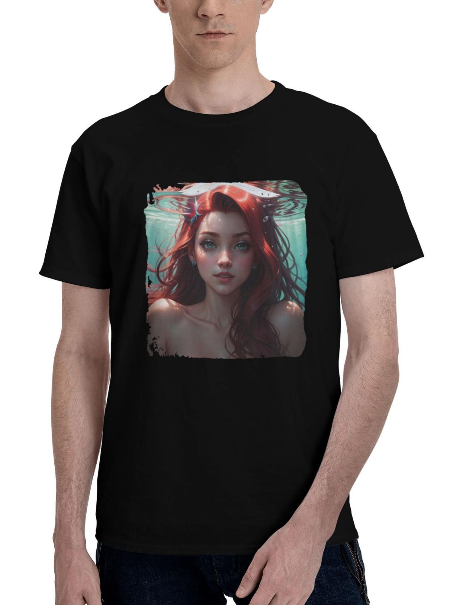 Beautiful-Ariel Digital Fantasy Art 180G 100% Cotton Printed Round Neck Short-Sleeve T-Shirt, Christmas Gifts for Men Dad Husband Grandpa, S-XXXL, Black
