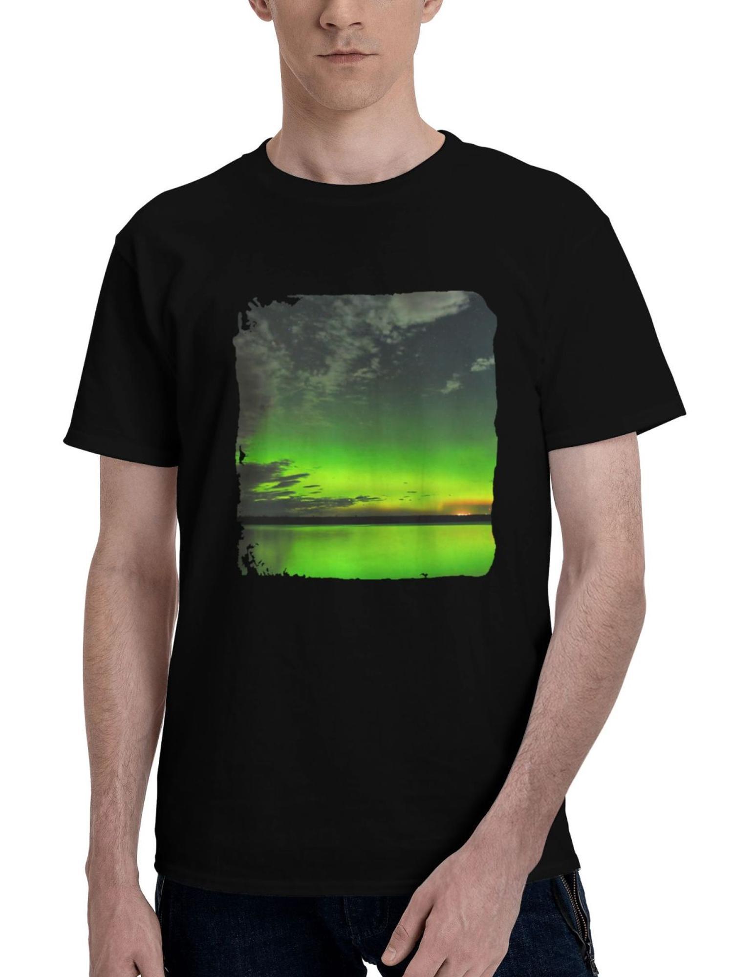 Beautiful-Aurora Morning 180G 100% Cotton Printed Round Neck Short-Sleeve T-Shirt, Christmas Gifts for Men Dad Husband Grandpa, S-XXXL, Black