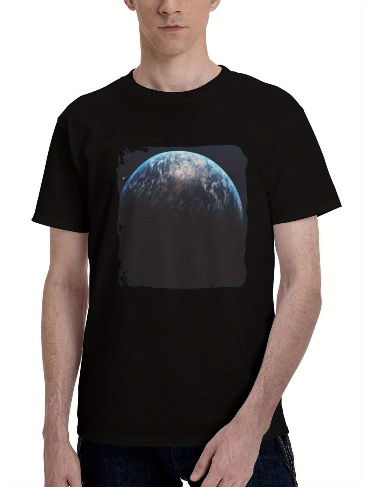 Beautiful-Earth From Space 180G 100% Cotton Printed Round Neck Short-Sleeve T-Shirt, Christmas Gifts for Men Dad Husband Grandpa, S-XXXL, Black