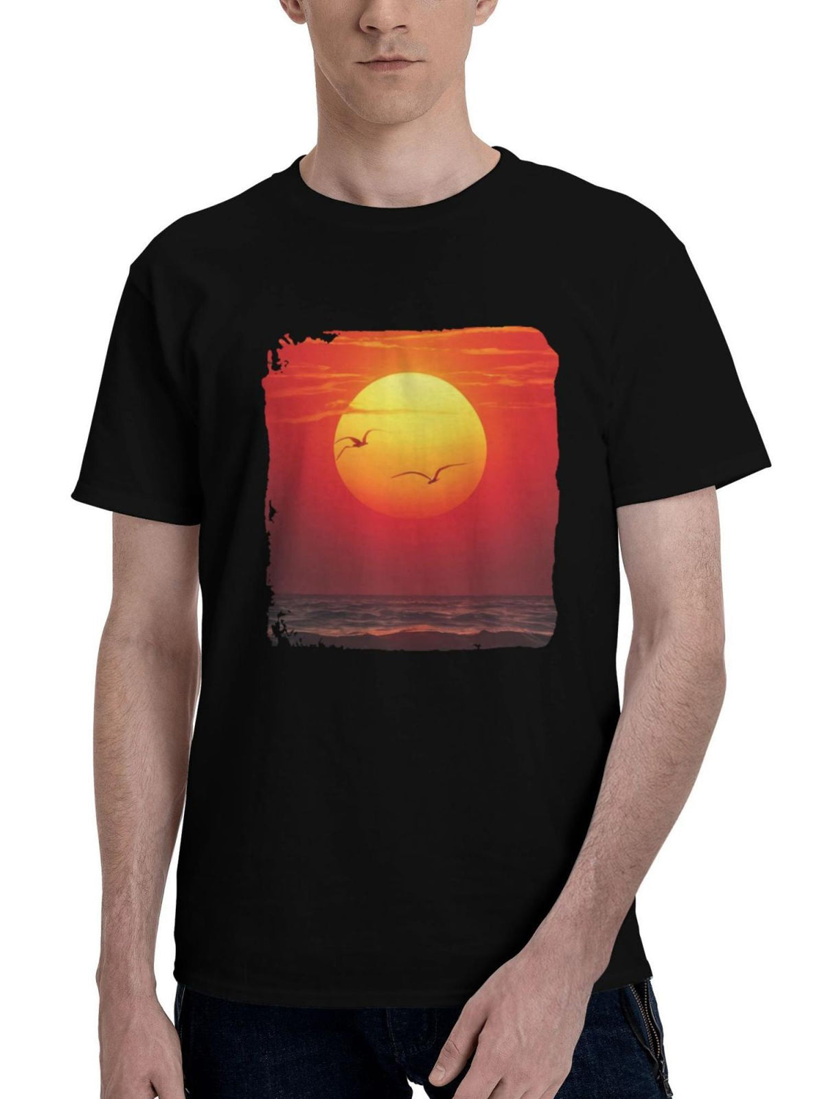 Breathtaking-Beauty Birds And Sunset In Harmony 180G 100% Cotton Printed Round Neck Short-Sleeve T-Shirt, Christmas Gifts for Men Dad Husband Grandpa, S-XXXL, Black