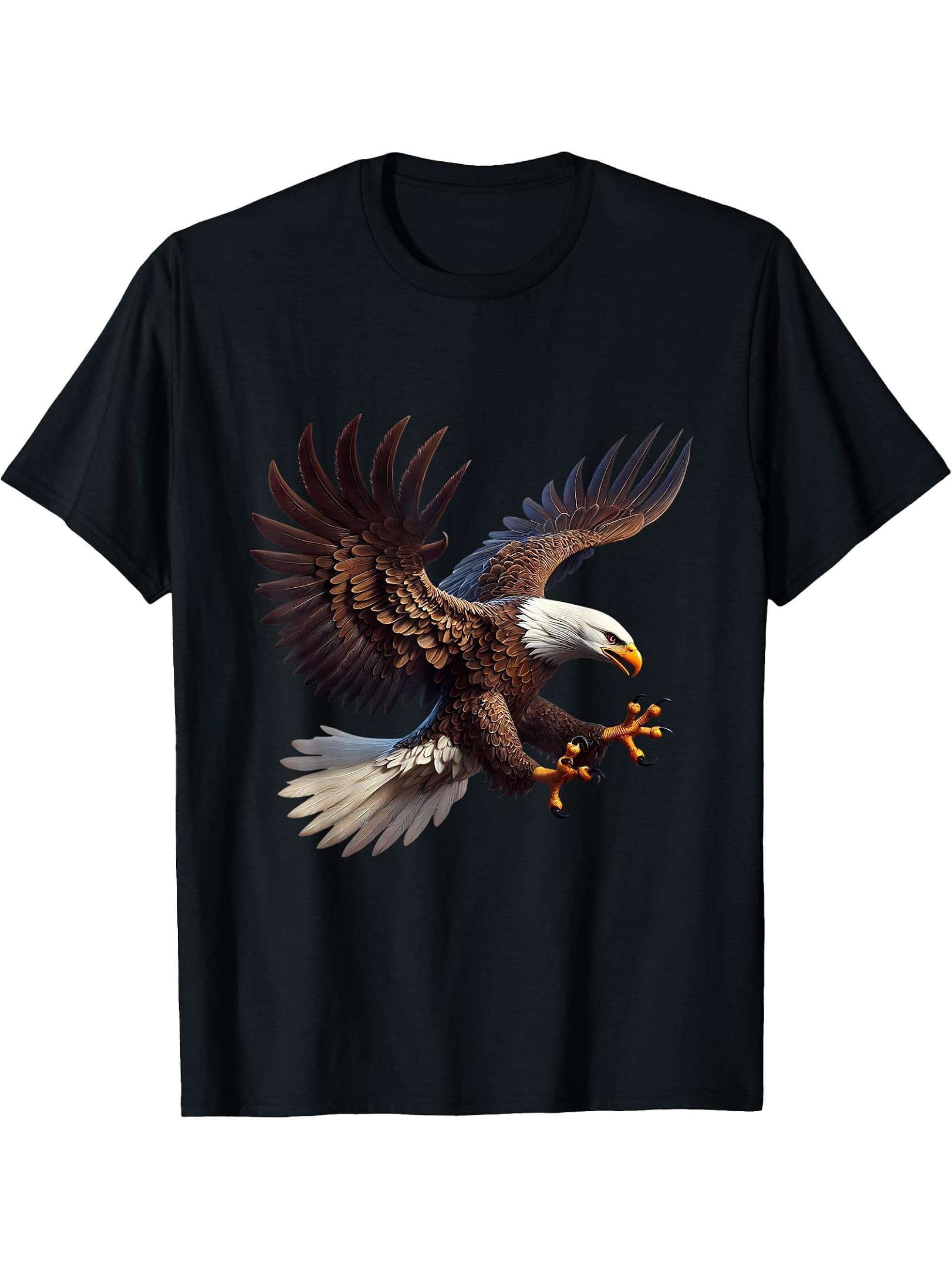 American Flag Bald Eagle Shirt Patriotic USA Majestic Eagle T-Shirt 180G 100% Cotton Printed Round Neck Short-Sleeve T-Shirt, Gifts for Men Dad Husband Grandpa, S-XXXL, Black