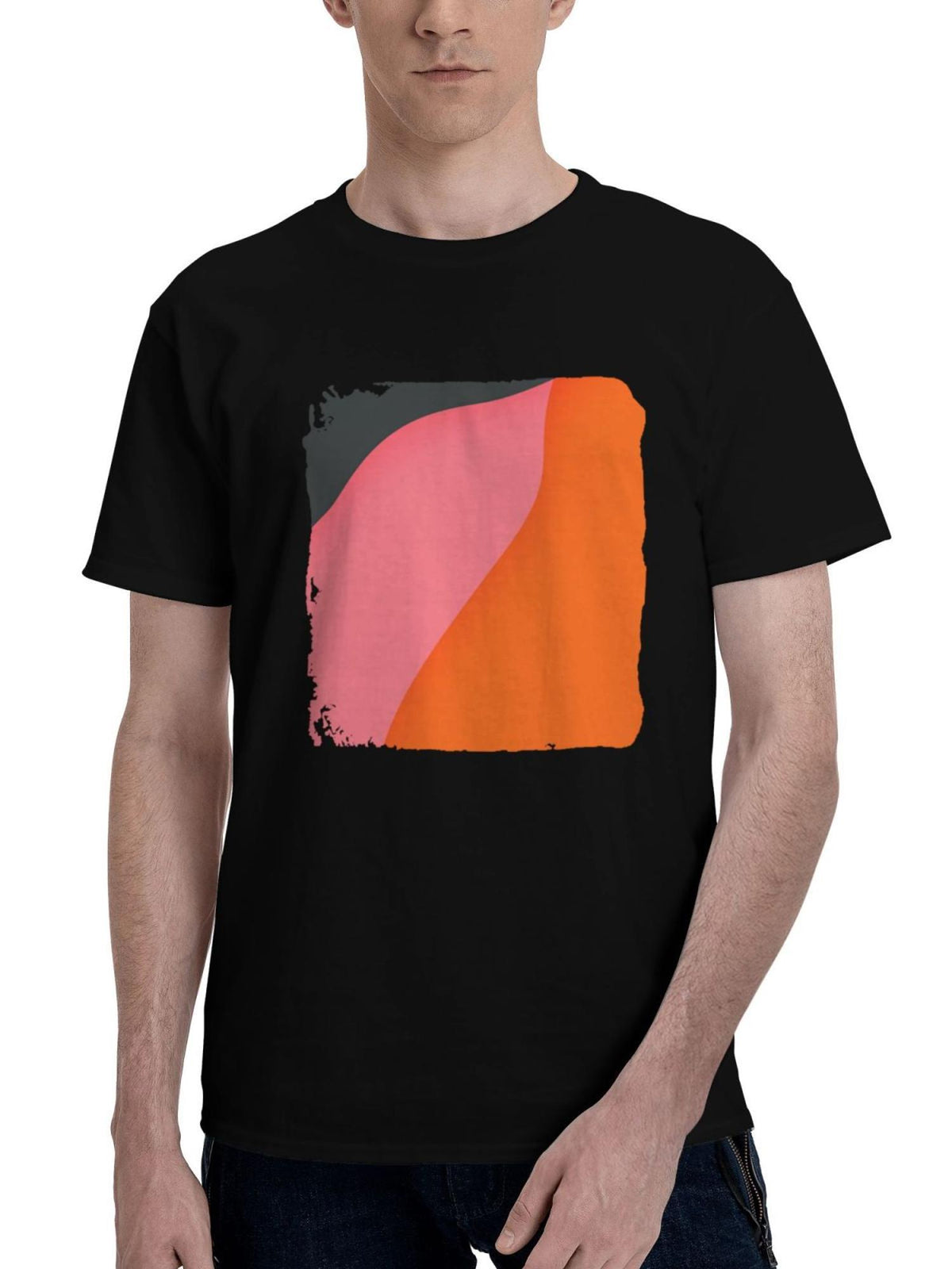 Bright-Orange And Dark Abstract 180G 100% Cotton Printed Round Neck Short-Sleeve T-Shirt, Christmas Gifts for Men Dad Husband Grandpa, S-XXXL, Black