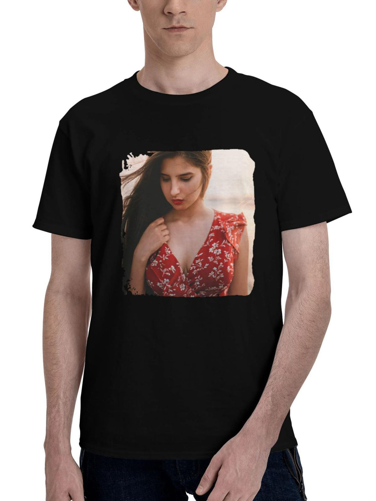 Beautiful-Girl Long Hairs Looking Down 180G 100% Cotton Printed Round Neck Short-Sleeve T-Shirt, Christmas Gifts for Men Dad Husband Grandpa, S-XXXL, Black