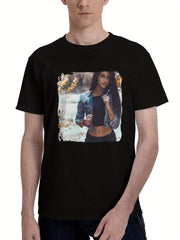 Brown-Eyes Tatto Girl Pierced Navel 180G 100% Cotton Printed Round Neck Short-Sleeve T-Shirt, Christmas Gifts for Men Dad Husband Grandpa, S-XXXL, Black