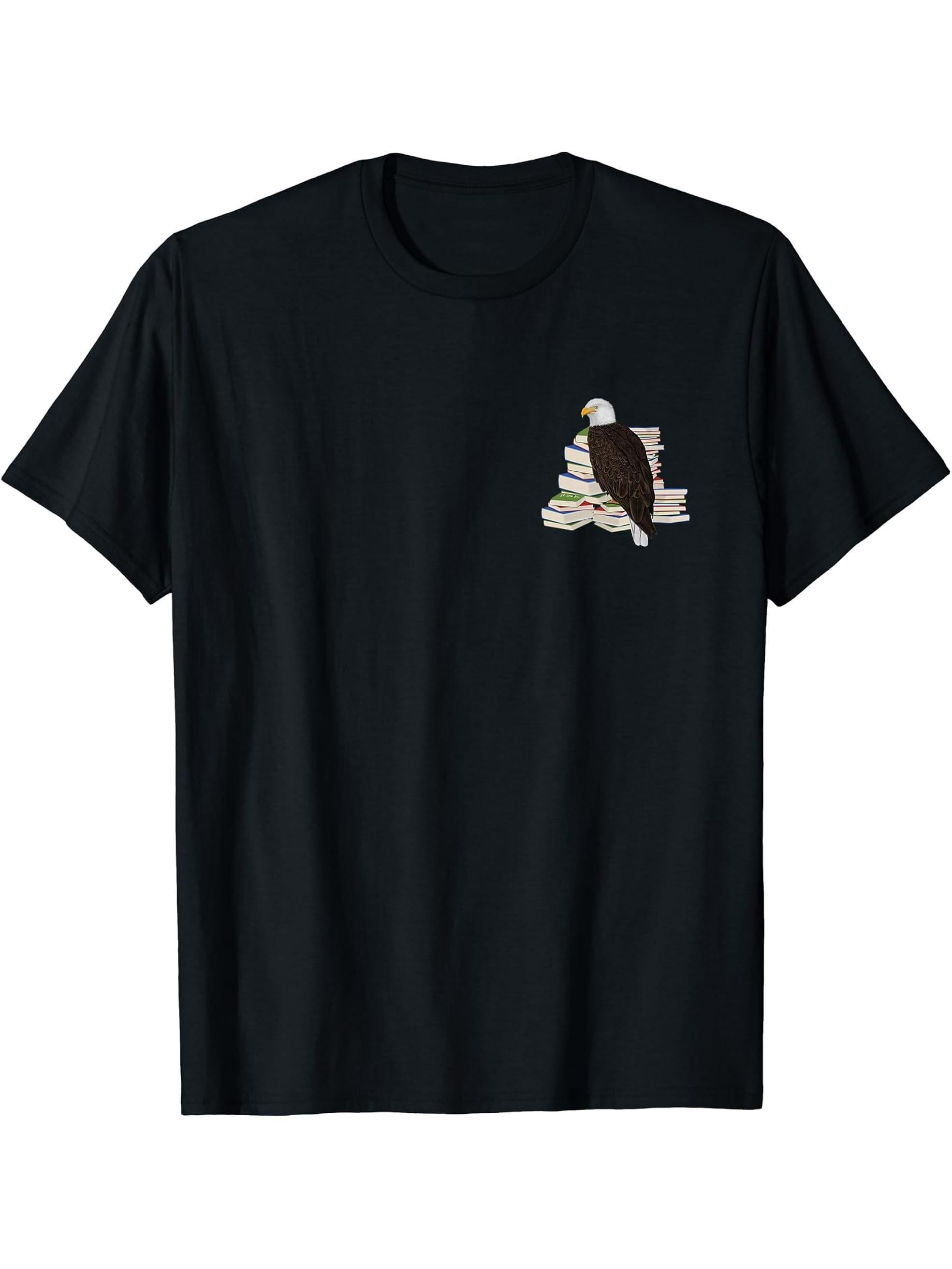 Bald Eagle Birds and Books Reading Bird Watching Bookworm T-Shirt 180G 100% Cotton Printed Round Neck Short-Sleeve T-Shirt, Gifts for Men Dad Husband Grandpa, S-XXXL, Black