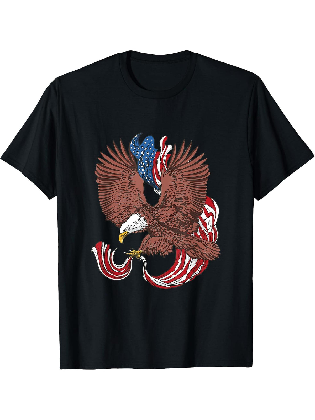 Bald Eagle with American Flag USA Fourth of July Patriotic T-Shirt 180G 100% Cotton Printed Round Neck Short-Sleeve T-Shirt, Gifts for Men Dad Husband Grandpa, S-XXXL, Black