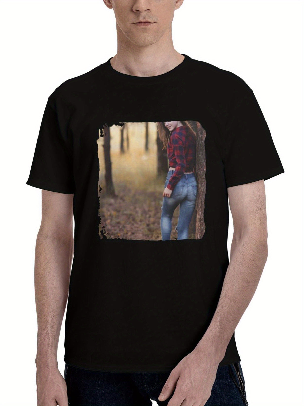 Brunette-Jeans Girl Smiling Cute 180G 100% Cotton Printed Round Neck Short-Sleeve T-Shirt, Christmas Gifts for Men Dad Husband Grandpa, S-XXXL, Black