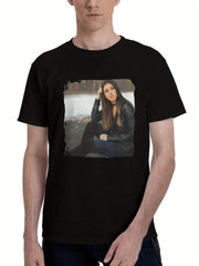 Brunette-Leather Jacket 180G 100% Cotton Printed Round Neck Short-Sleeve T-Shirt, Christmas Gifts for Men Dad Husband Grandpa, S-XXXL, Black