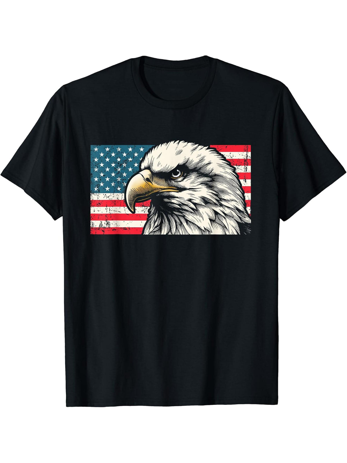 Bald Eagle Graphic American Flag 4th of July Patriotic T-Shirt 180G 100% Cotton Printed Round Neck Short-Sleeve T-Shirt, Gifts for Men Dad Husband Grandpa, S-XXXL, Black