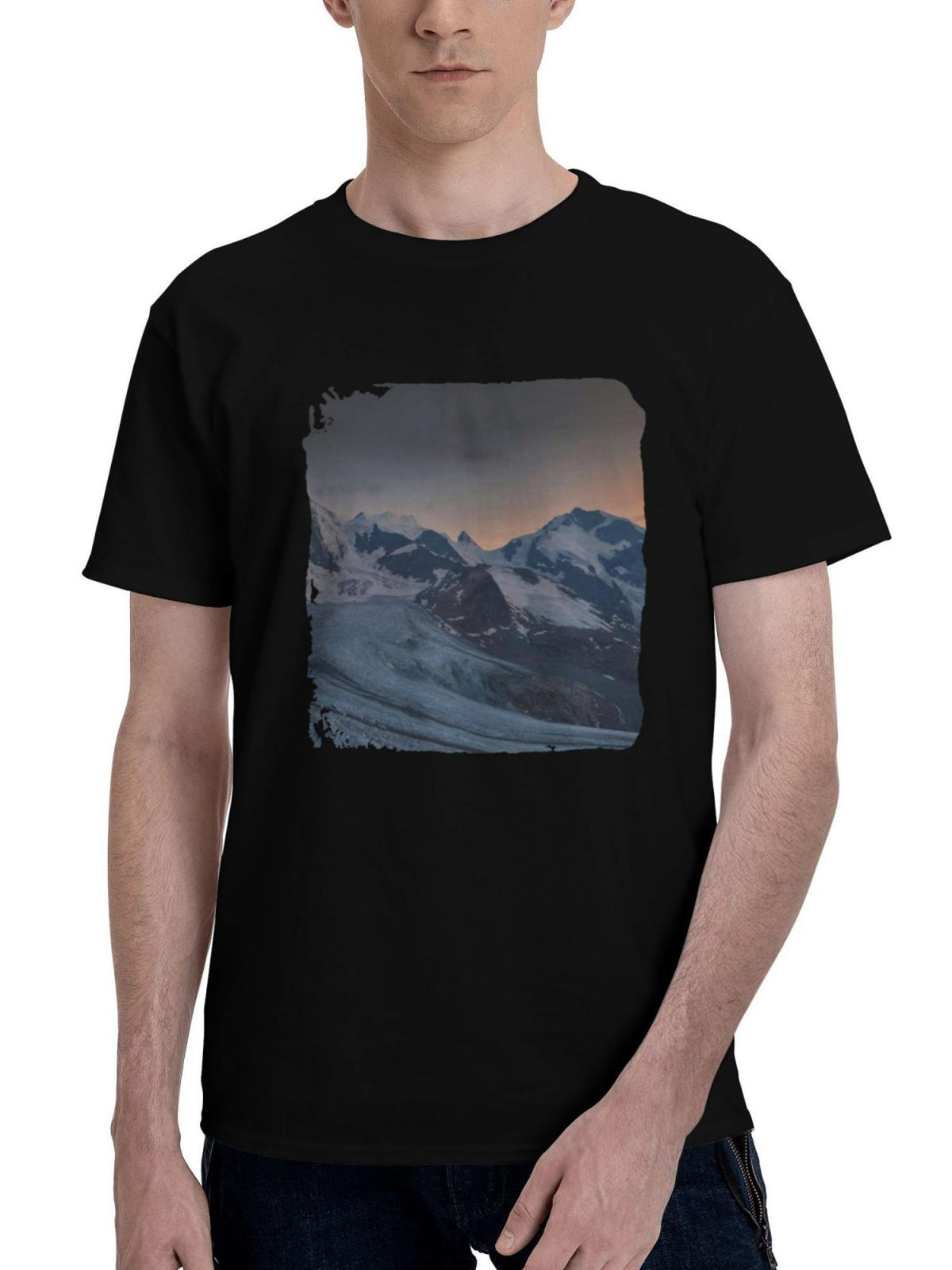 Bernina-Mountains And Blood Moon Switzerland 180G 100% Cotton Printed Round Neck Short-Sleeve T-Shirt, Christmas Gifts for Men Dad Husband Grandpa, S-XXXL, Black