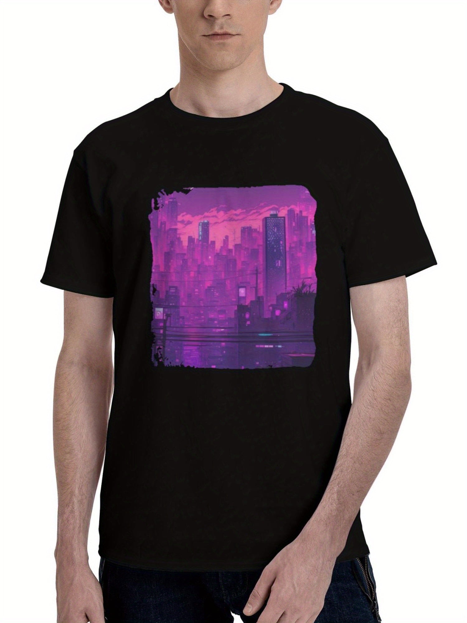 Buildings-Purple Ai Art 180G 100% Cotton Printed Round Neck Short-Sleeve T-Shirt, Christmas Gifts for Men Dad Husband Grandpa, S-XXXL, Black