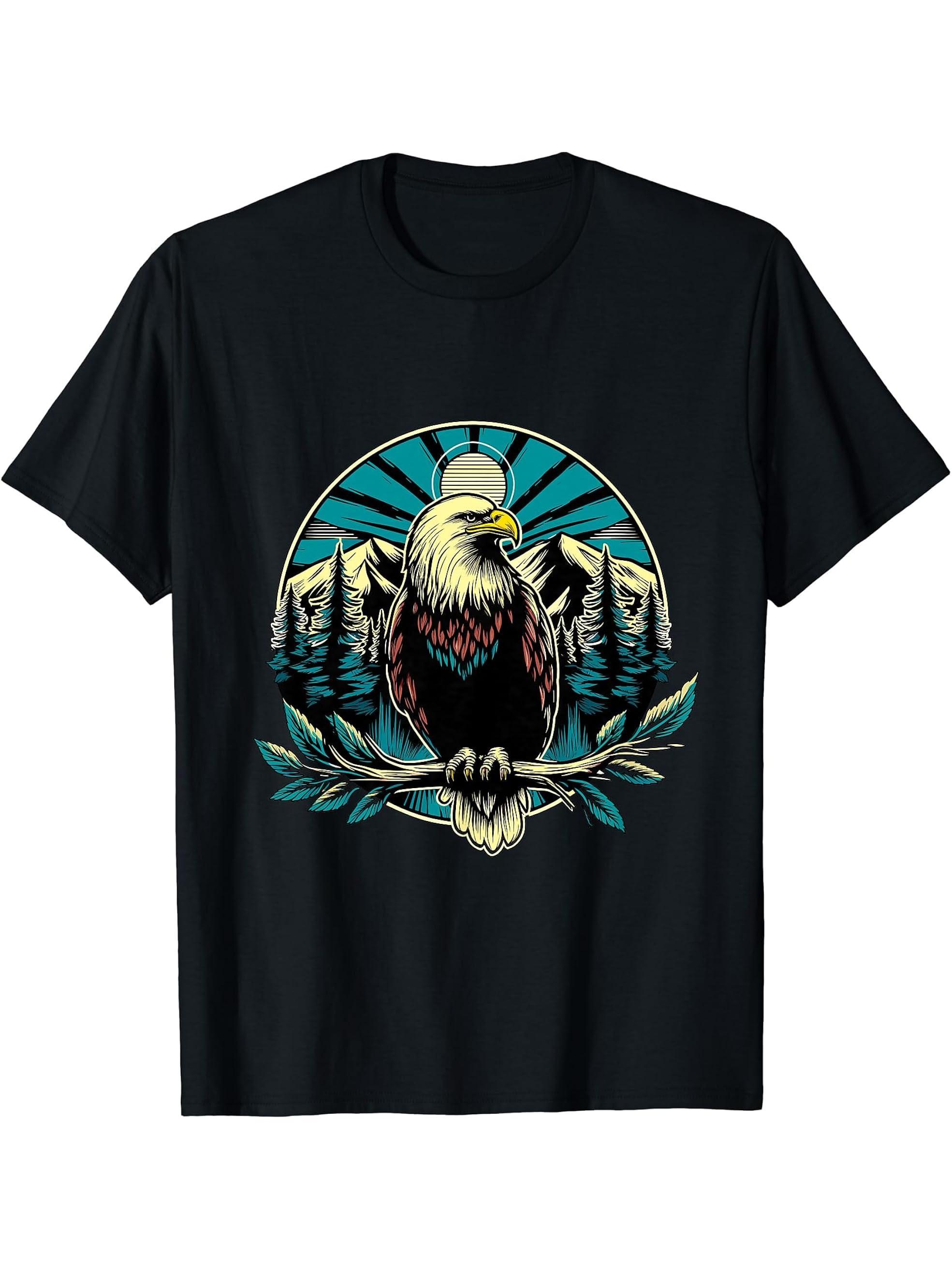 American Bald Eagle Mountains Wildness 4th of July T-Shirt 180G 100% Cotton Printed Round Neck Short-Sleeve T-Shirt, Gifts for Men Dad Husband Grandpa, S-XXXL, Black