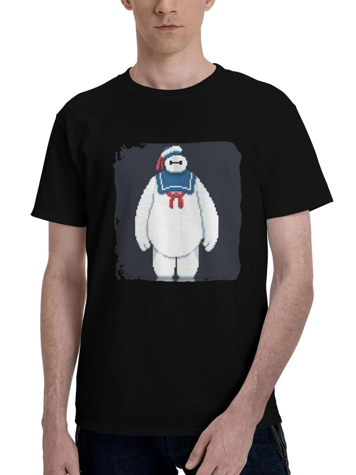 Big-Hero 6 Baymax 8 Bit 180G 100% Cotton Printed Round Neck Short-Sleeve T-Shirt, Christmas Gifts for Men Dad Husband Grandpa, S-XXXL, Black
