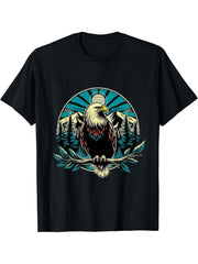 American Bald Eagle Mountains Wildness 4th of July T-Shirt 180G 100% Cotton Printed Round Neck Short-Sleeve T-Shirt, Gifts for Men Dad Husband Grandpa, S-XXXL, Black