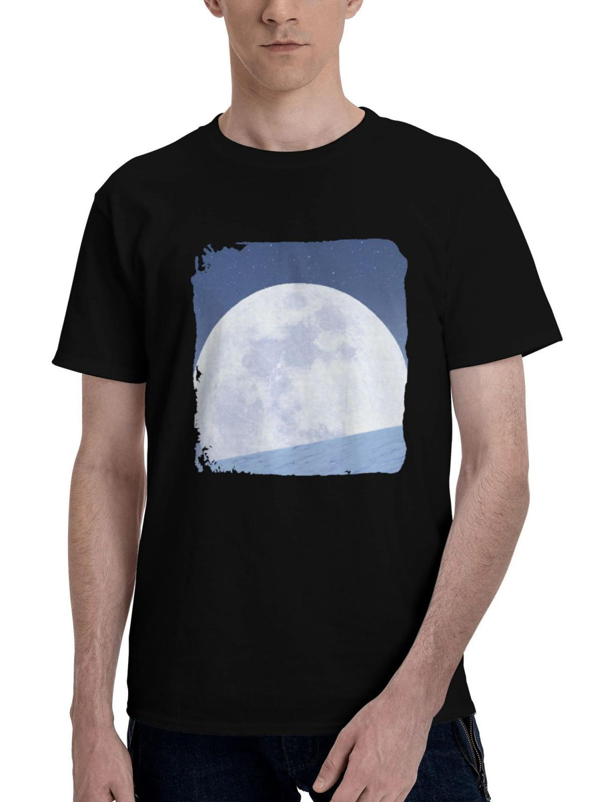 Big-Moon 180G 100% Cotton Printed Round Neck Short-Sleeve T-Shirt, Christmas Gifts for Men Dad Husband Grandpa, S-XXXL, Black