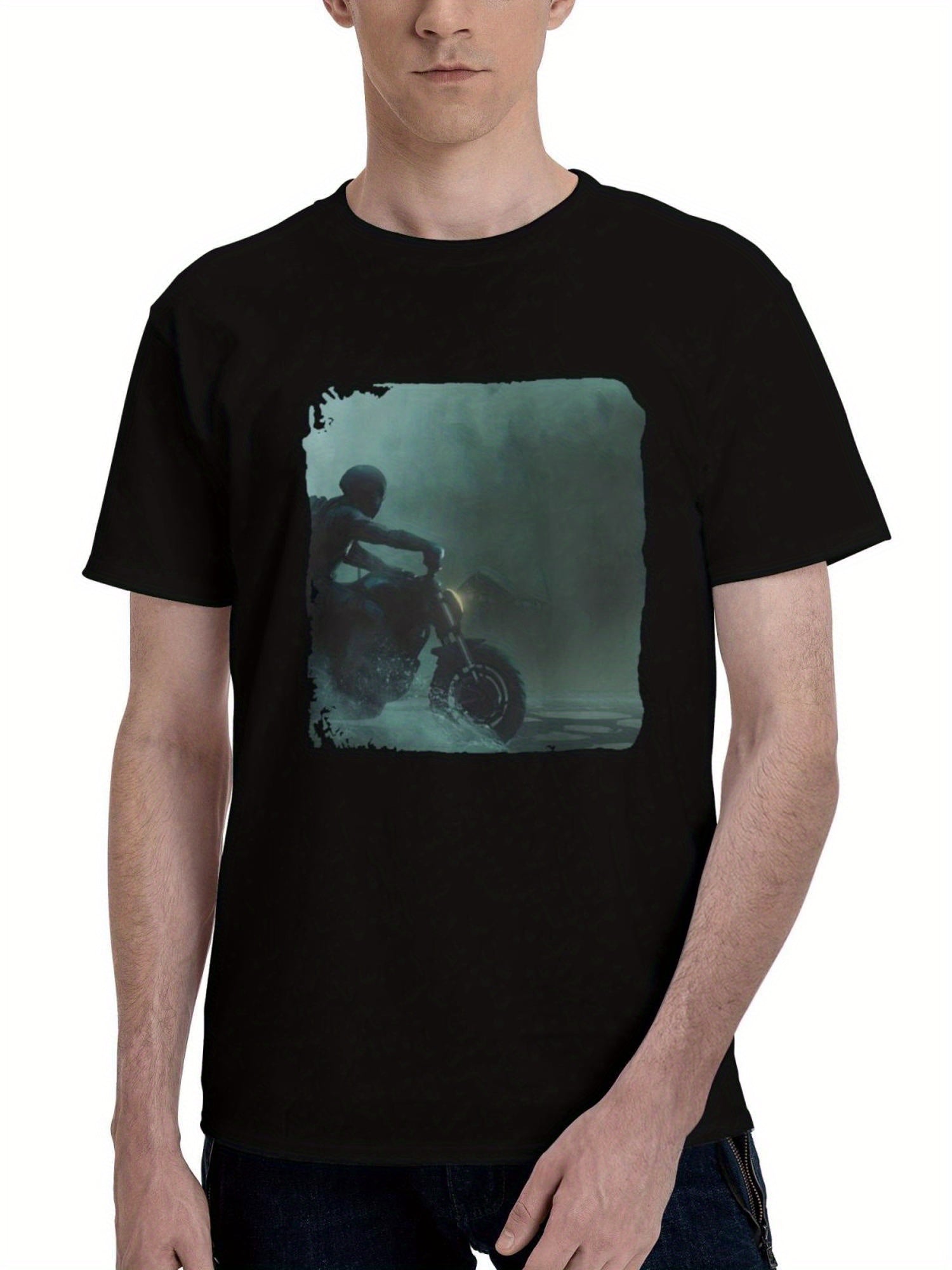 Biker-In Fog 180G 100% Cotton Printed Round Neck Short-Sleeve T-Shirt, Christmas Gifts for Men Dad Husband Grandpa, S-XXXL, Black