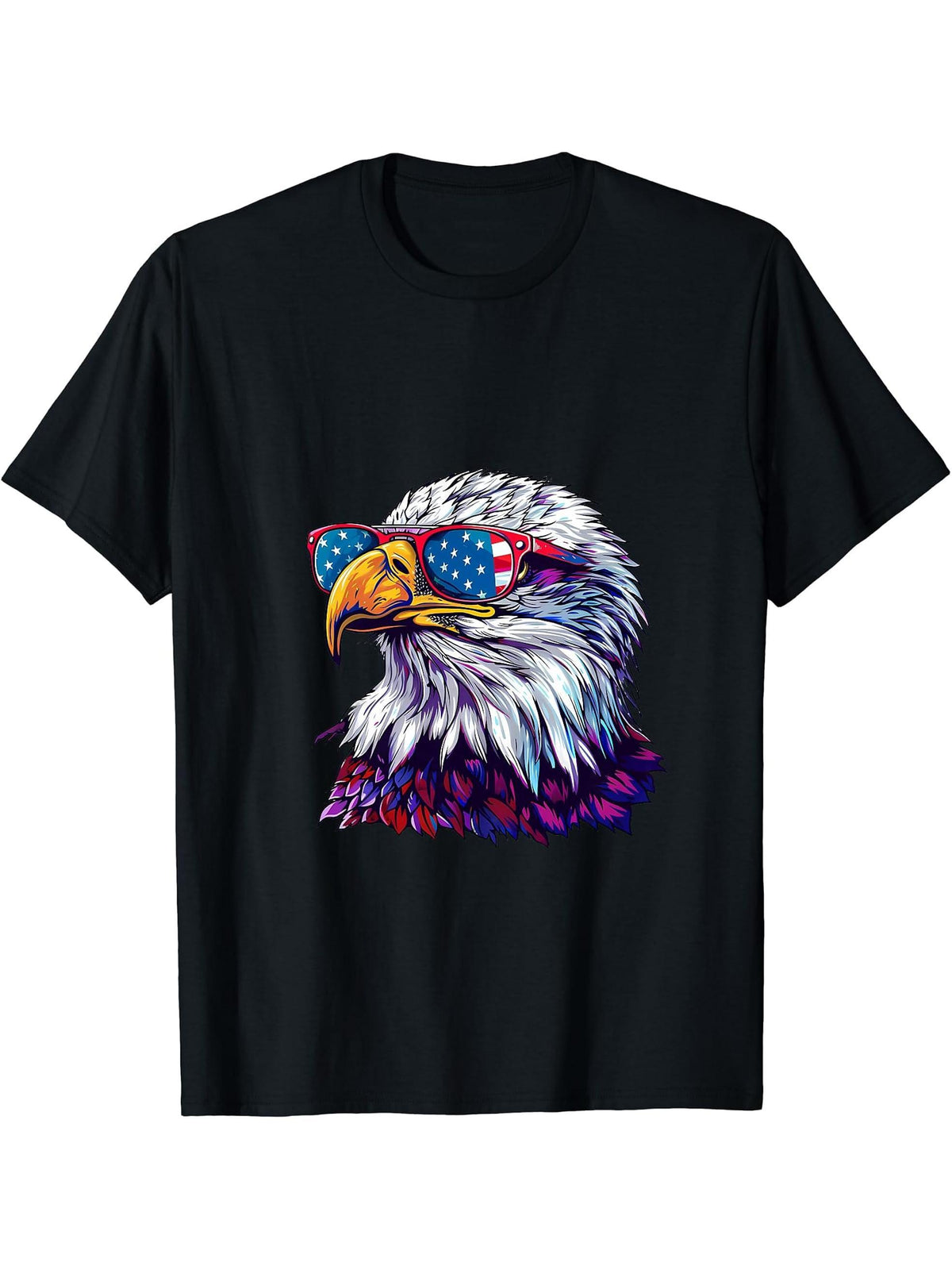 Fourth Of July Bald Eagle Sunglasses 4th Of July Patriotic T-Shirt 180G 100% Cotton Printed Round Neck Short-Sleeve T-Shirt, Gifts for Men Dad Husband Grandpa, S-XXXL, Black
