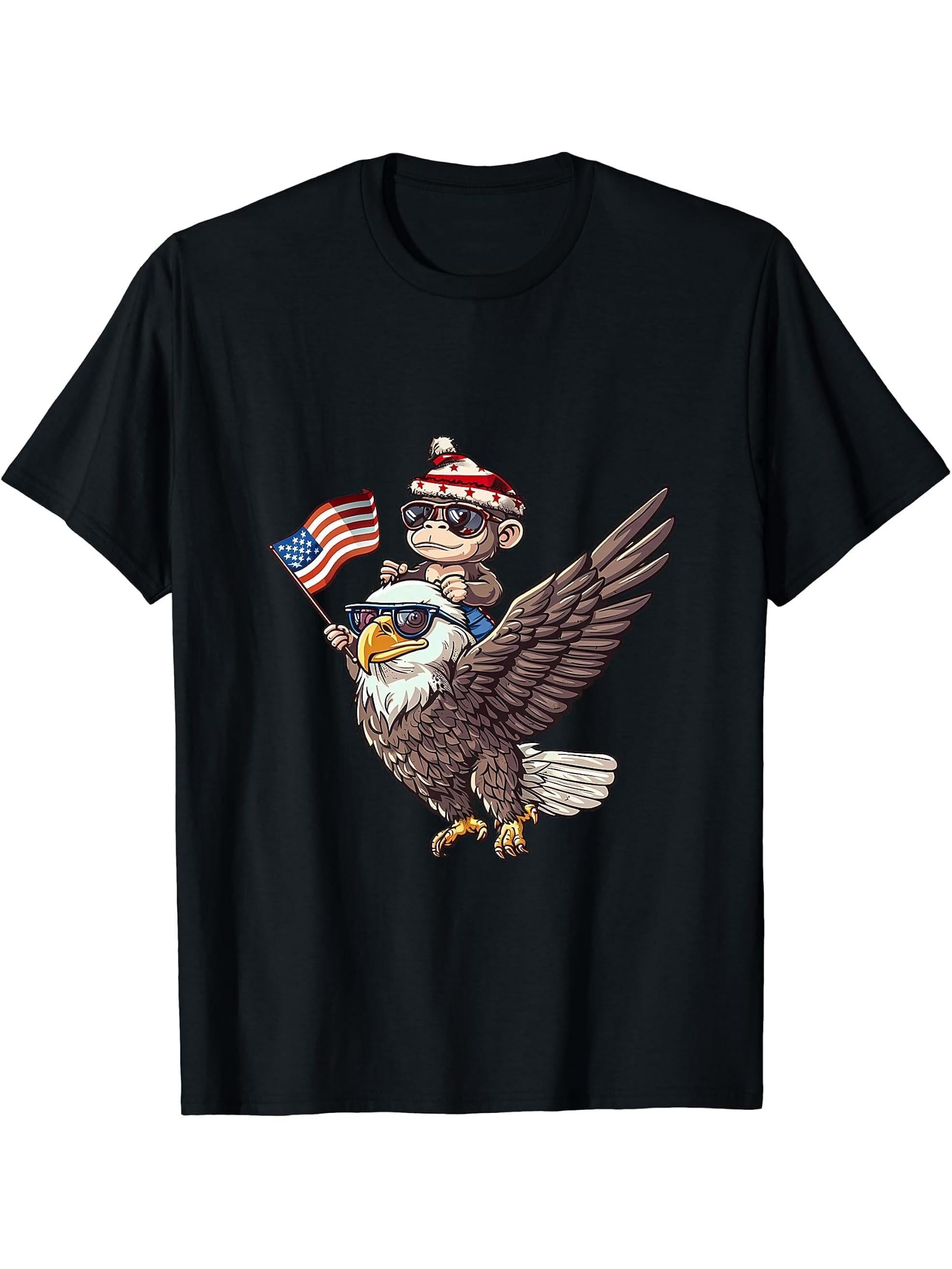 Fourth Of July Monkey Bald Eagle American Flag 4th Of July T-Shirt 180G 100% Cotton Printed Round Neck Short-Sleeve T-Shirt, Gifts for Men Dad Husband Grandpa, S-XXXL, Black