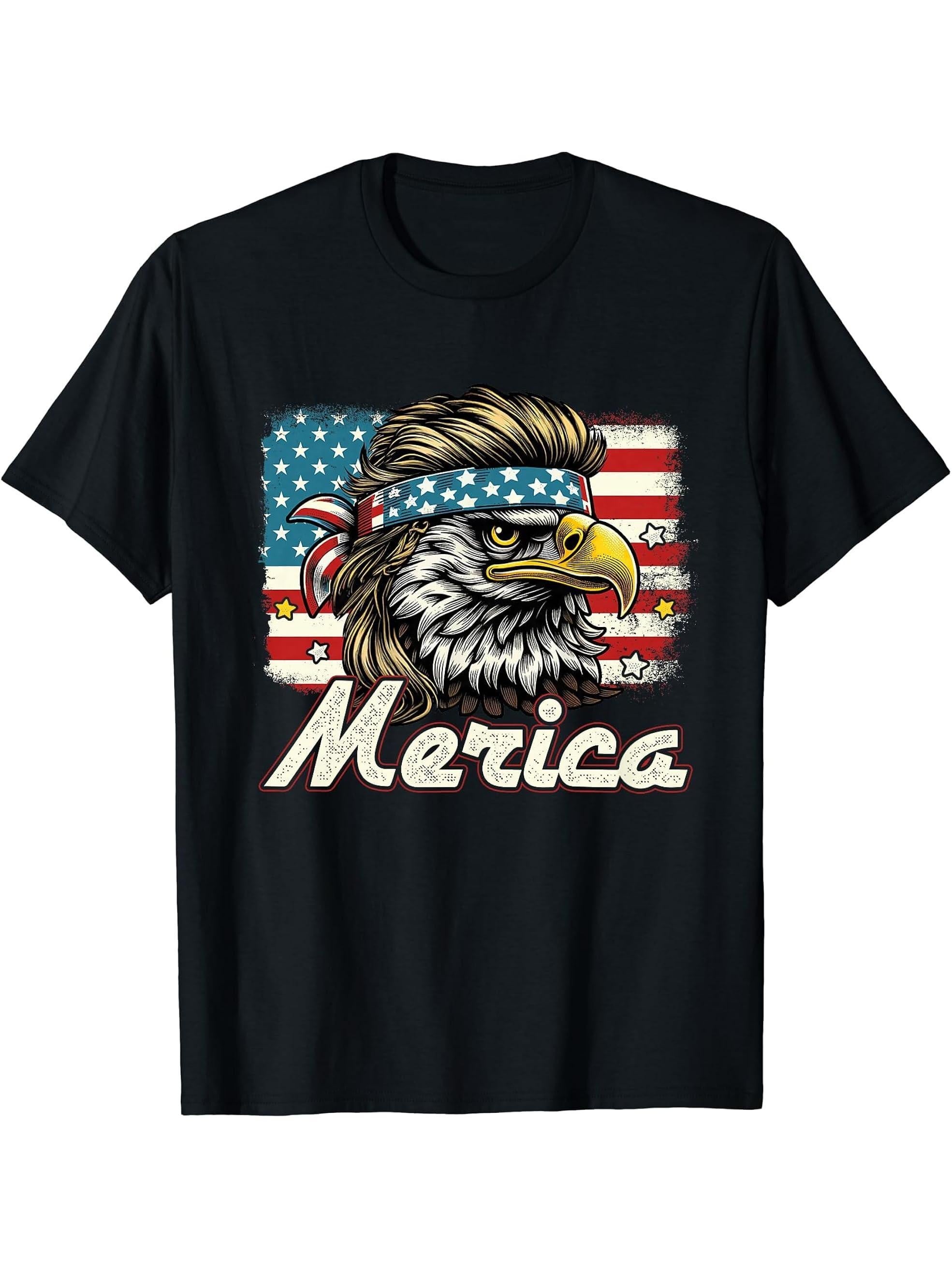 Funny Bald Eagle Mullet 4th Of July USA American Flag Merica T-Shirt 180G 100% Cotton Printed Round Neck Short-Sleeve T-Shirt, Gifts for Men Dad Husband Grandpa, S-XXXL, Black