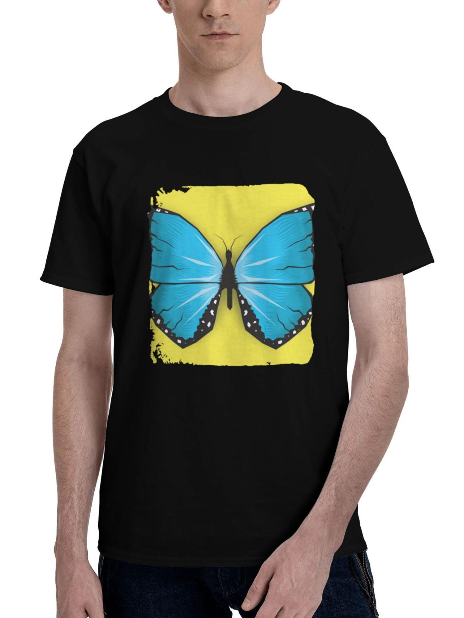Butterfly-Insect Minimal 180G 100% Cotton Printed Round Neck Short-Sleeve T-Shirt, Christmas Gifts for Men Dad Husband Grandpa, S-XXXL, Black