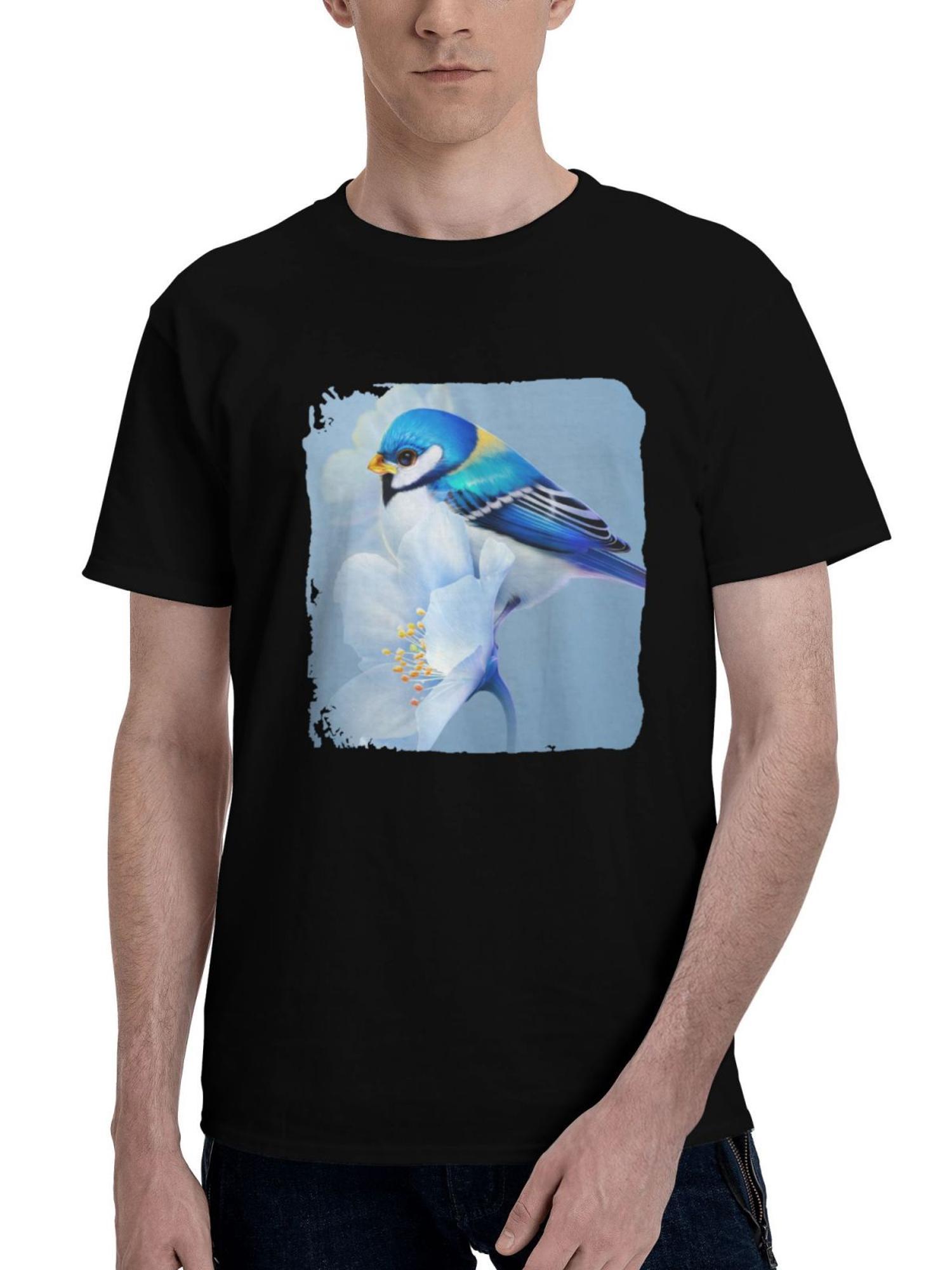 Bird-Sitting On Flower 180G 100% Cotton Printed Round Neck Short-Sleeve T-Shirt, Christmas Gifts for Men Dad Husband Grandpa, S-XXXL, Black