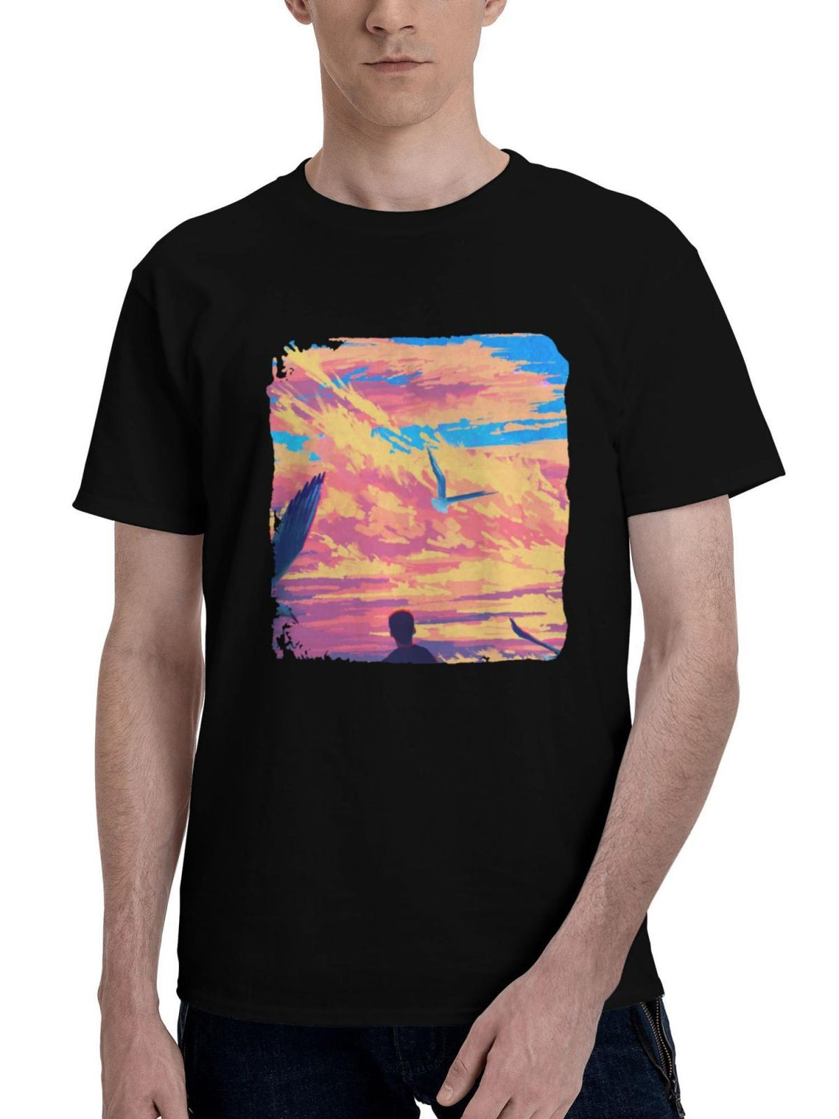 Birds-In Cloudy Skies 180G 100% Cotton Printed Round Neck Short-Sleeve T-Shirt, Christmas Gifts for Men Dad Husband Grandpa, S-XXXL, Black