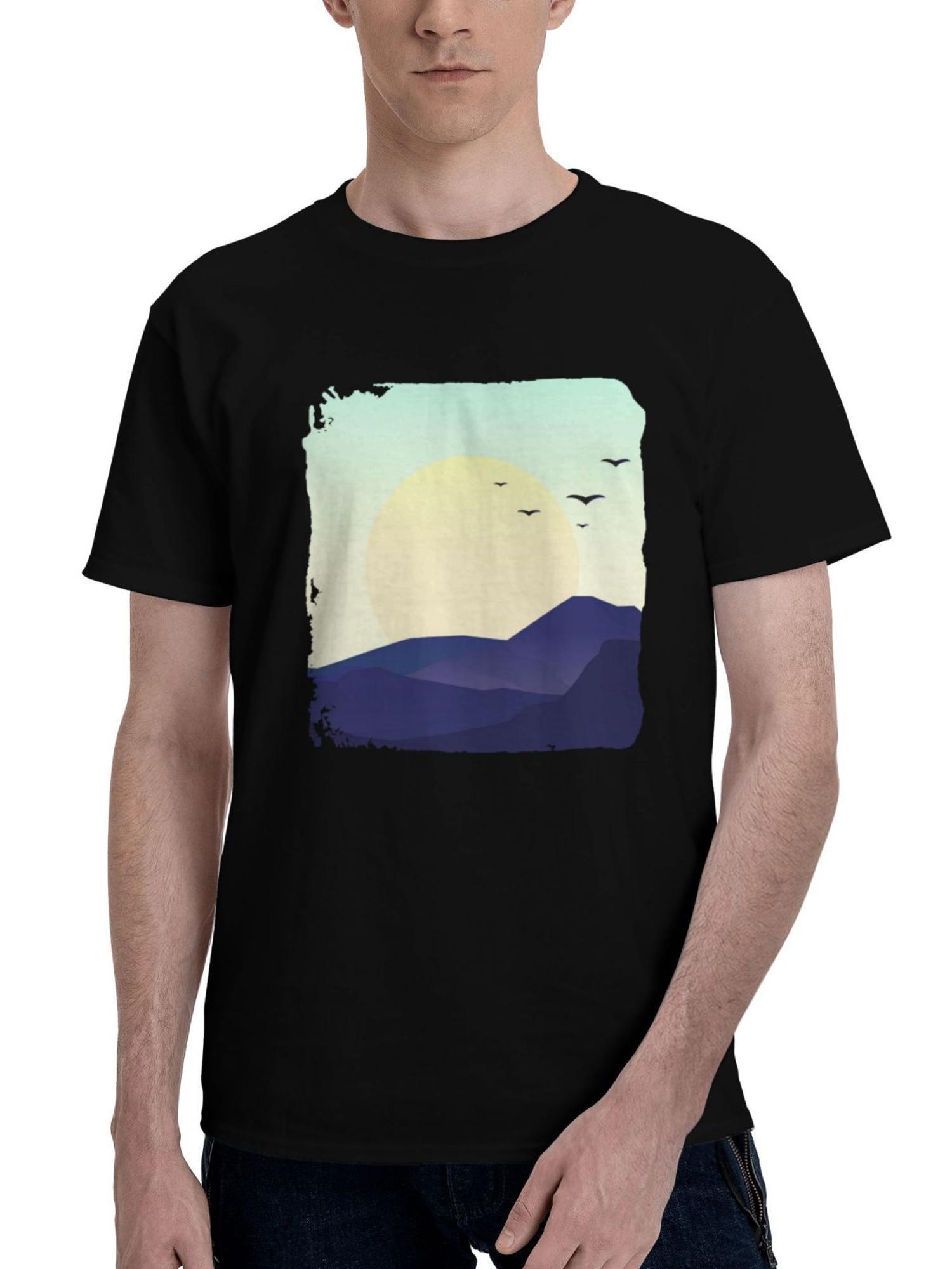 Birds-Minimal Sunset 180G 100% Cotton Printed Round Neck Short-Sleeve T-Shirt, Christmas Gifts for Men Dad Husband Grandpa, S-XXXL, Black