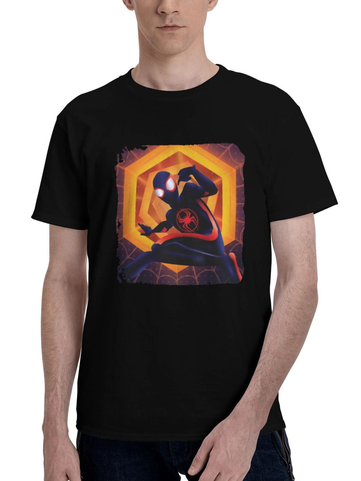 Across-The Spiderverse 180G 100% Cotton Printed Round Neck Short-Sleeve T-Shirt, Christmas Gifts for Men Dad Husband Grandpa, S-XXXL, Black