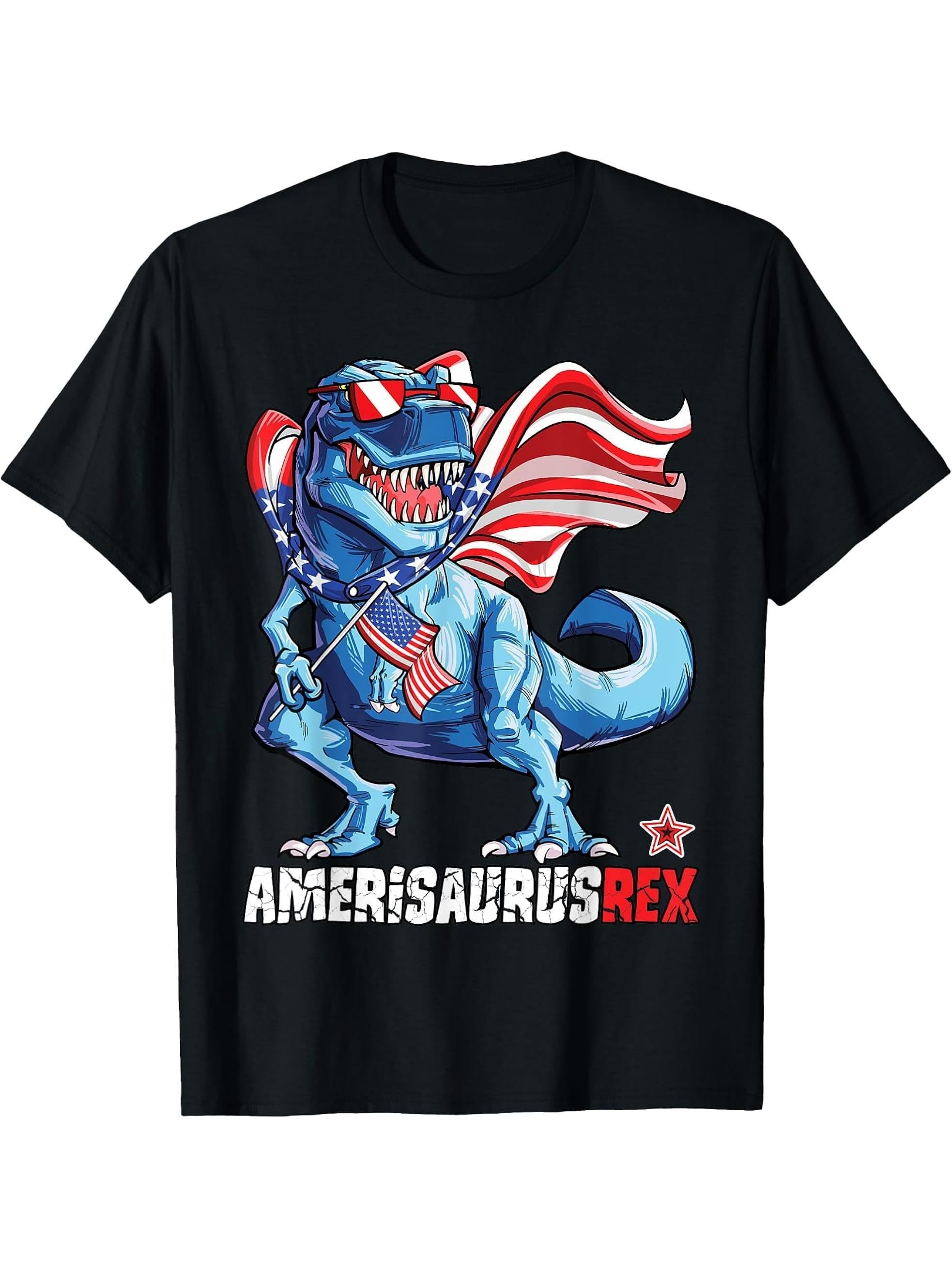 Dinosaur 4th of July Boys Girls Men Amerisaurus T Rex Funny T-Shirt 180G 100% Cotton Printed Round Neck Short-Sleeve T-Shirt, Gifts for Men Dad Husband Grandpa, S-XXXL, Black