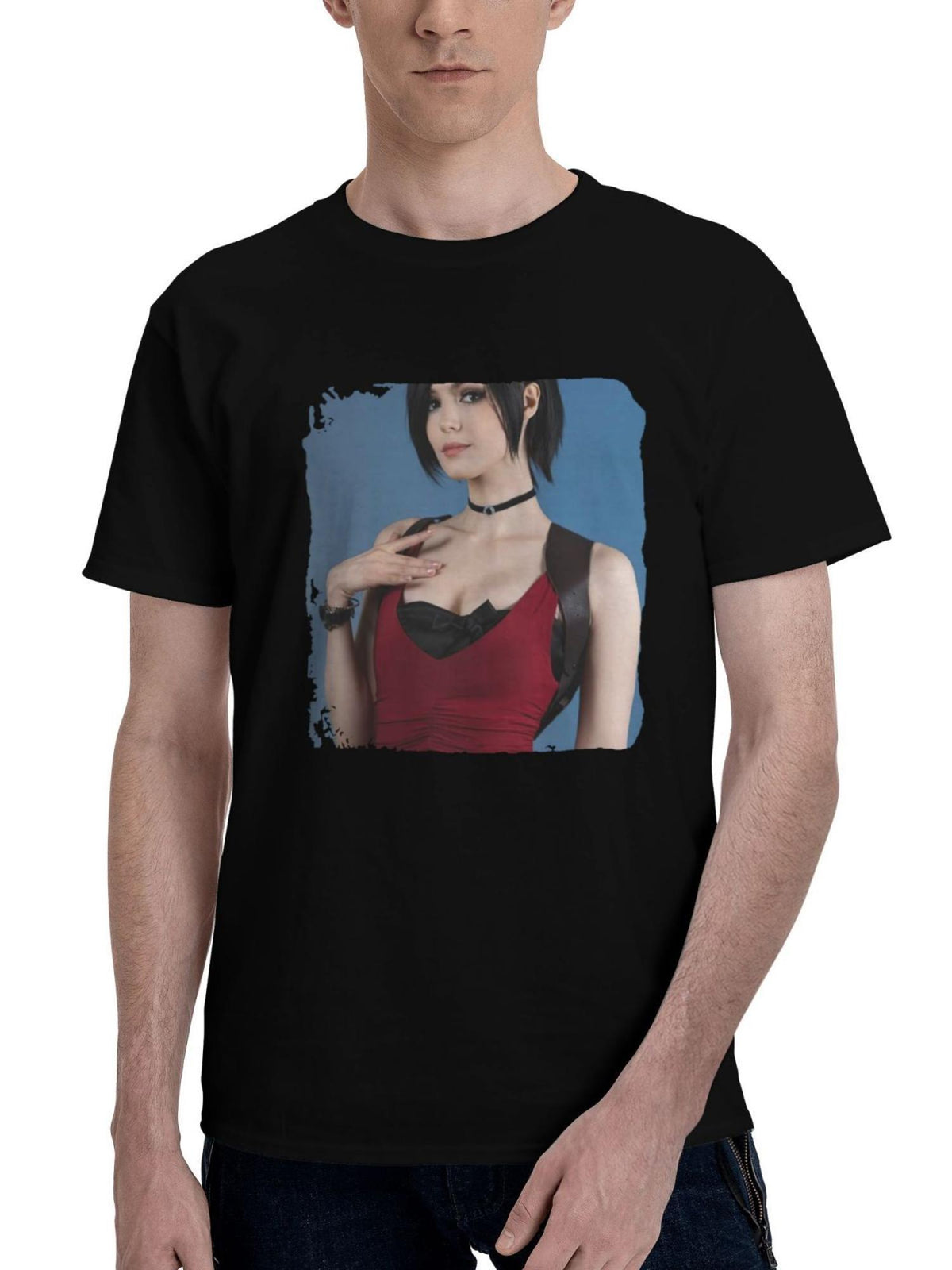 Ada-Wong Cosplay 180G 100% Cotton Printed Round Neck Short-Sleeve T-Shirt, Christmas Gifts for Men Dad Husband Grandpa, S-XXXL, Black