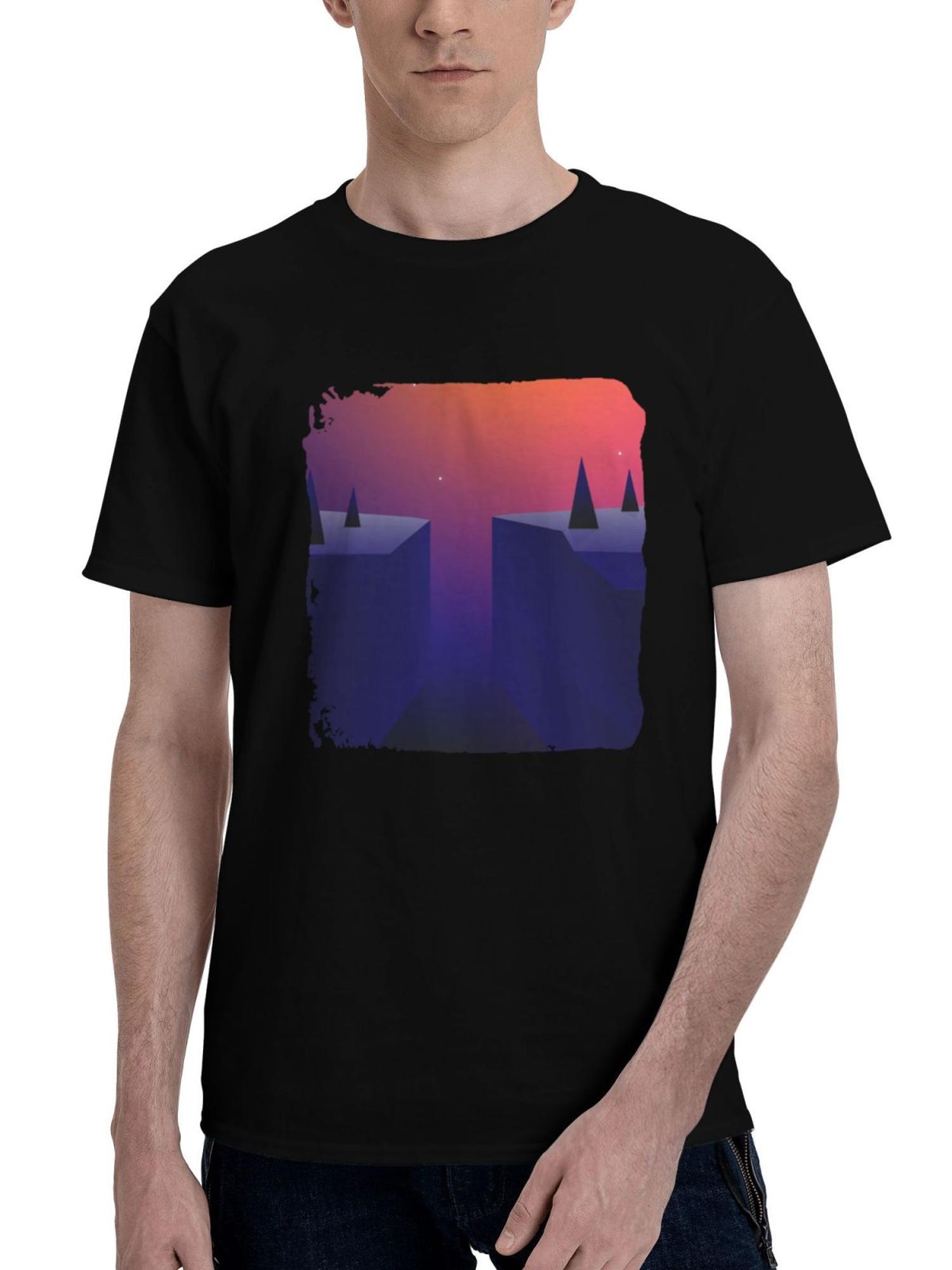 Abyss-Between Mountains 180G 100% Cotton Printed Round Neck Short-Sleeve T-Shirt, Christmas Gifts for Men Dad Husband Grandpa, S-XXXL, Black