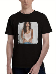 Adria-Arjona Flaunt Magazine 180G 100% Cotton Printed Round Neck Short-Sleeve T-Shirt, Christmas Gifts for Men Dad Husband Grandpa, S-XXXL, Black