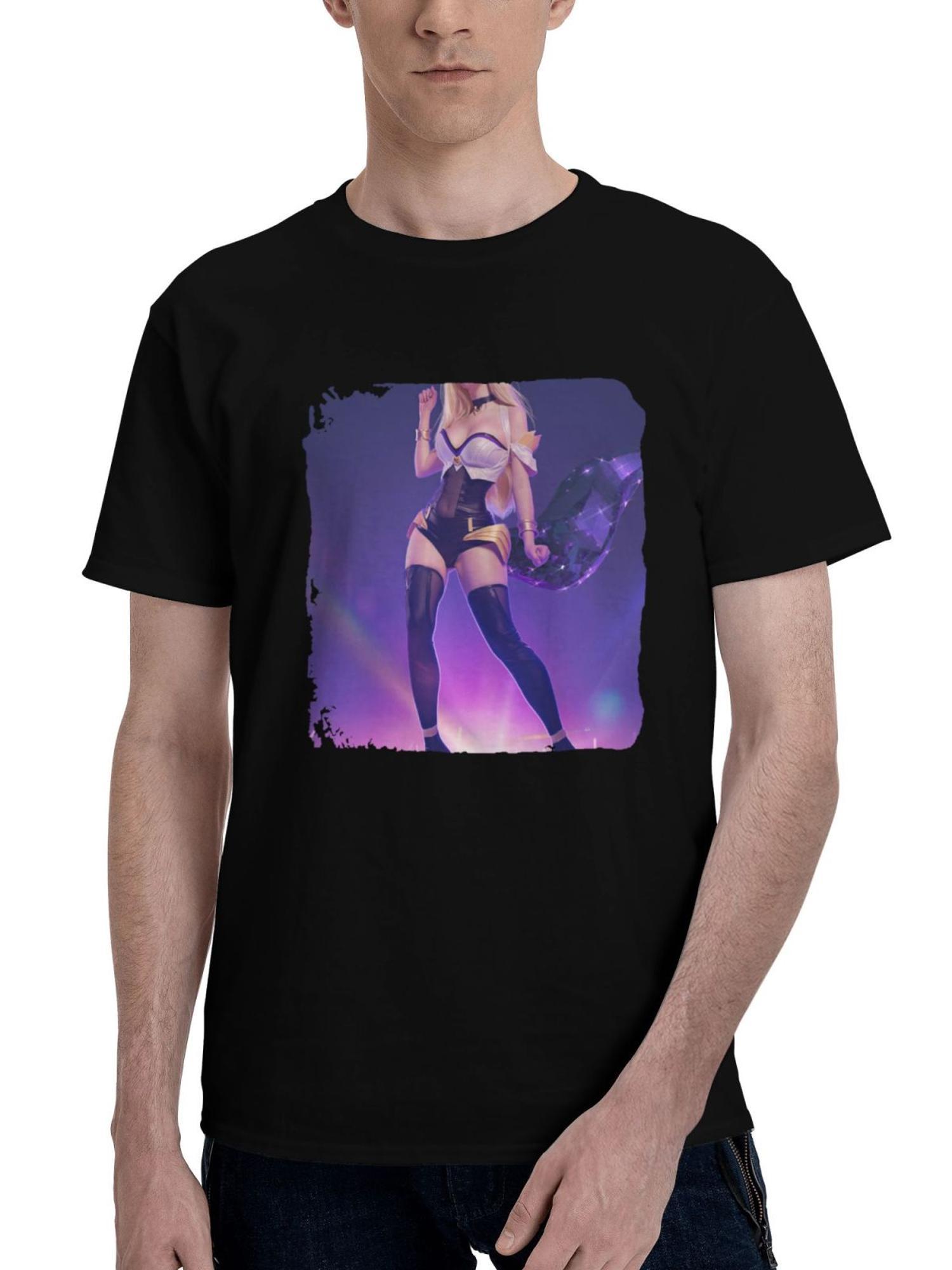 Ahri-Kda Cosplay 180G 100% Cotton Printed Round Neck Short-Sleeve T-Shirt, Christmas Gifts for Men Dad Husband Grandpa, S-XXXL, Black