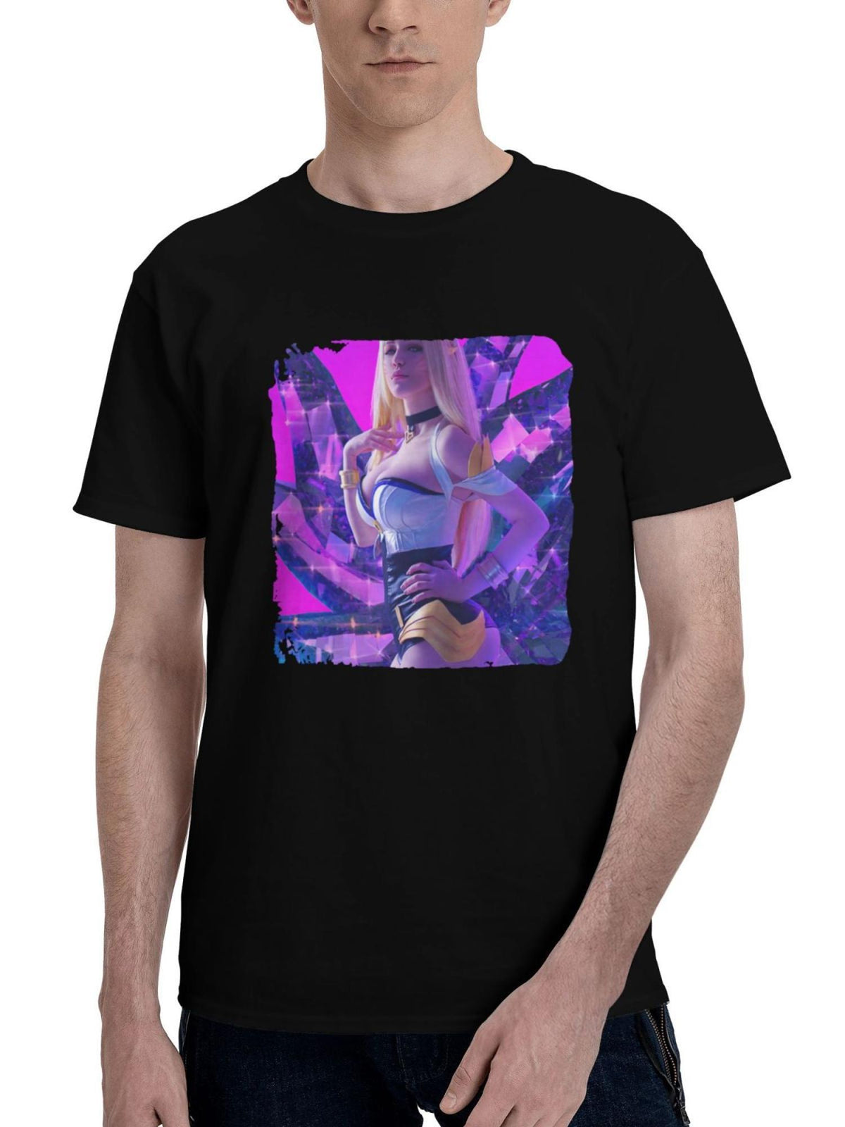 Ahri-Kda Girl Cosplay 180G 100% Cotton Printed Round Neck Short-Sleeve T-Shirt, Christmas Gifts for Men Dad Husband Grandpa, S-XXXL, Black