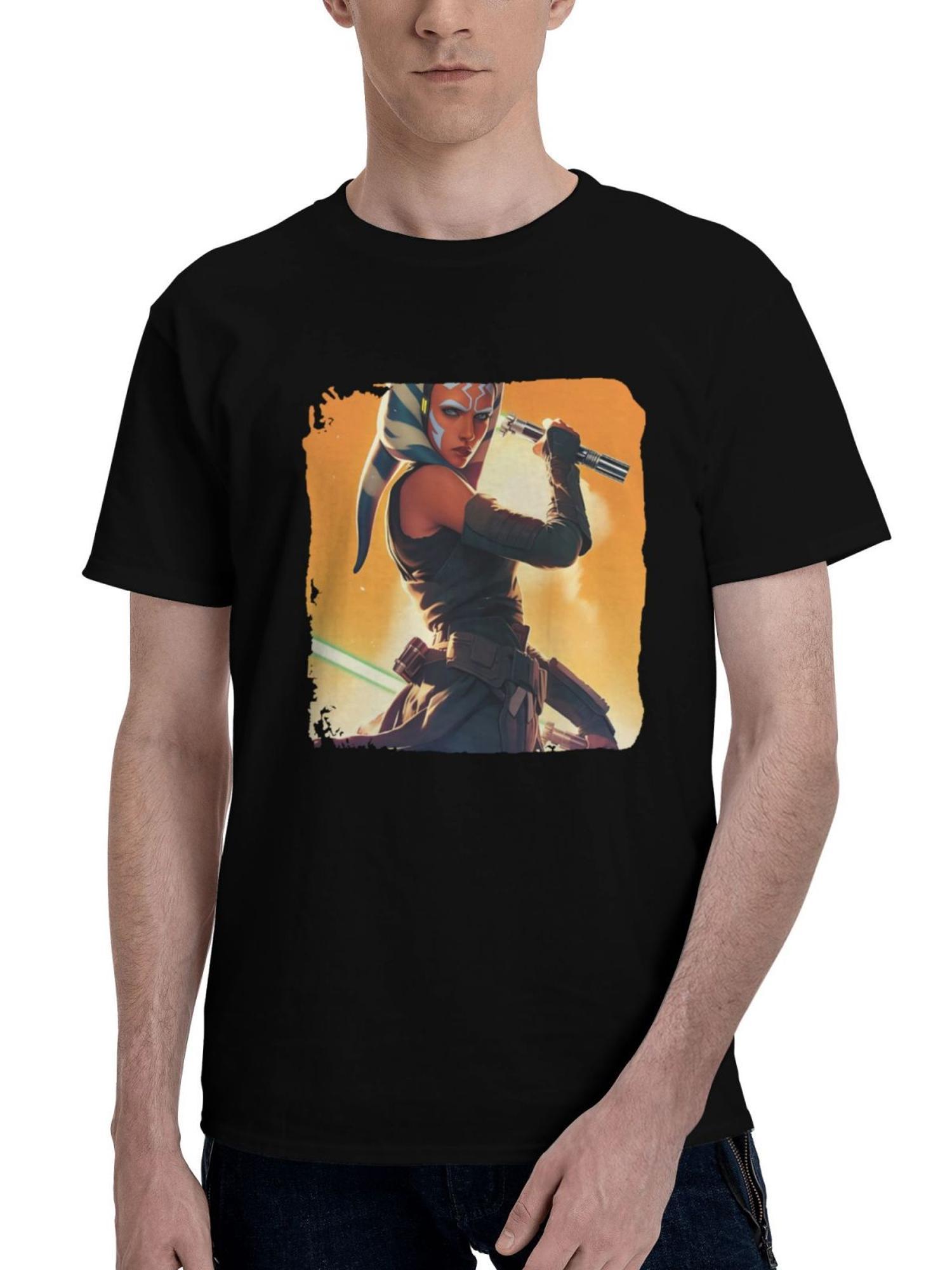 Ahsoka-Echo Star Wars 180G 100% Cotton Printed Round Neck Short-Sleeve T-Shirt, Christmas Gifts for Men Dad Husband Grandpa, S-XXXL, Black