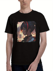 Ai-Anime Girl In Big City 180G 100% Cotton Printed Round Neck Short-Sleeve T-Shirt, Christmas Gifts for Men Dad Husband Grandpa, S-XXXL, Black